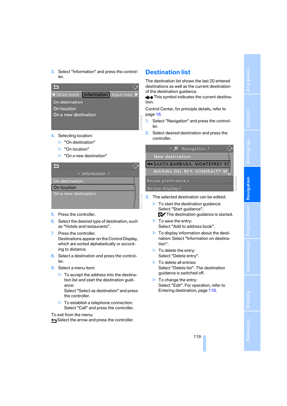 Destination list | BMW 525i Sedan 2005 User Manual | Page 120 / 221