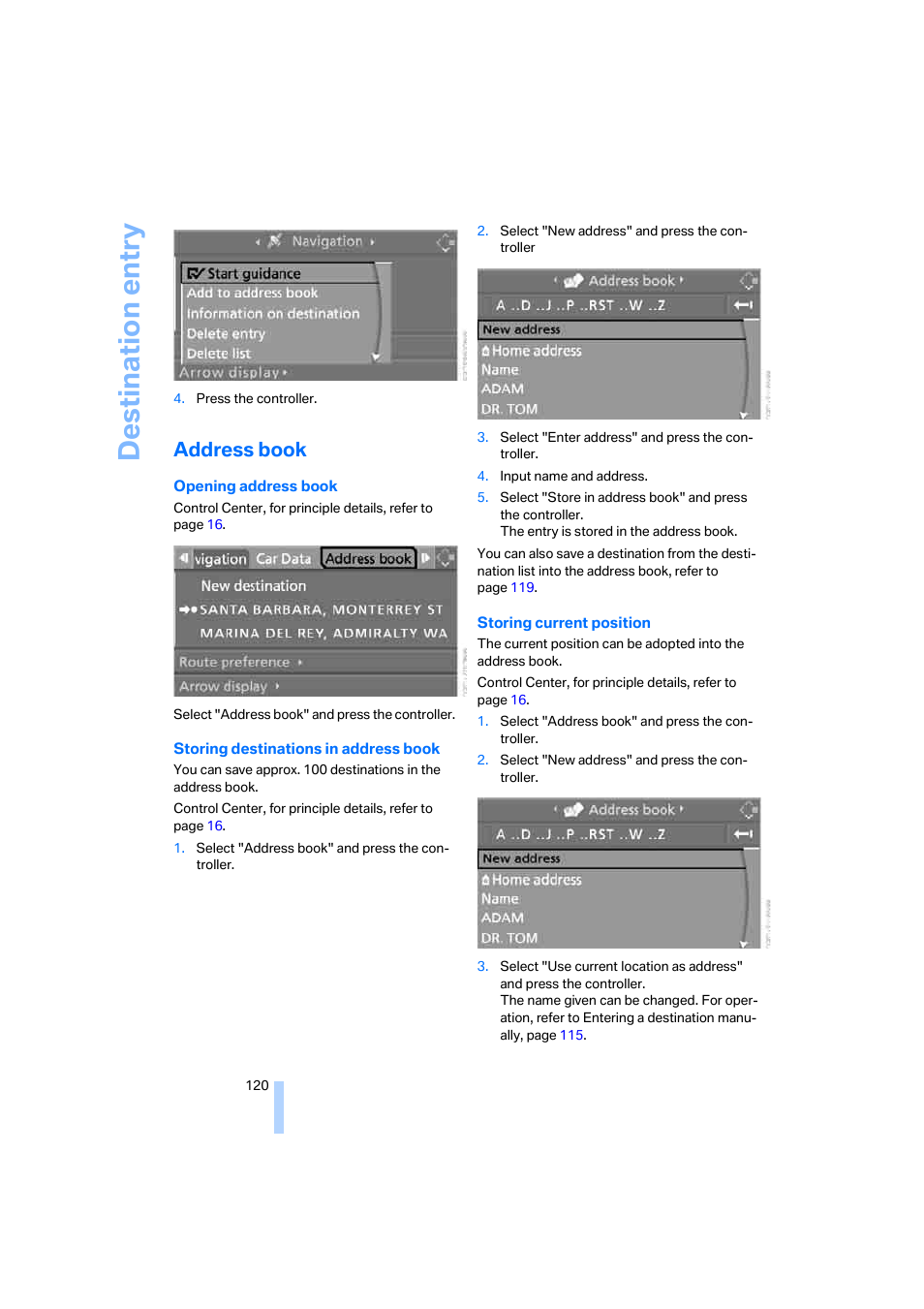 Destination entry, Address book | BMW 525i Sedan 2005 User Manual | Page 121 / 221