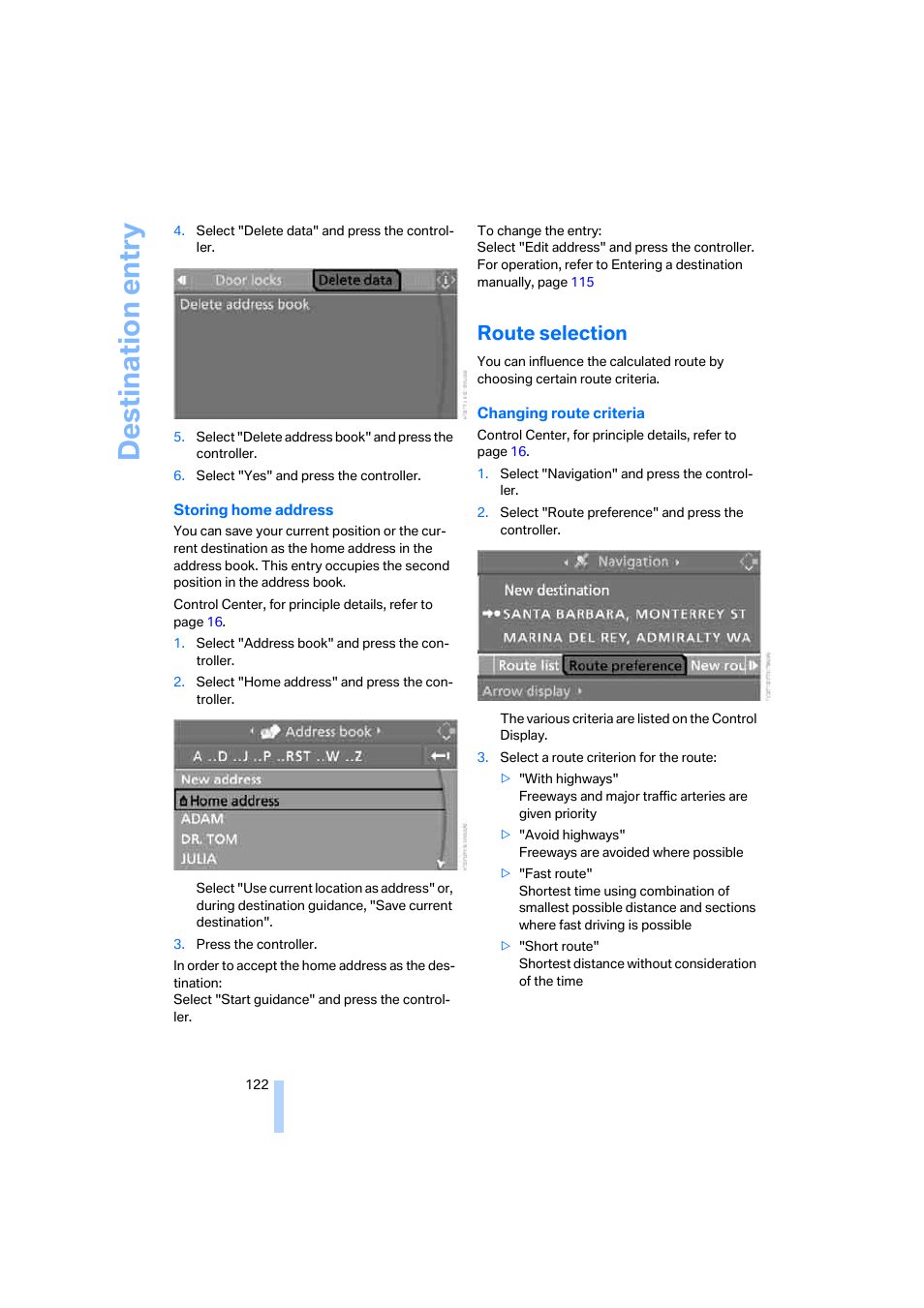 Destination entry, Route selection | BMW 525i Sedan 2005 User Manual | Page 123 / 221