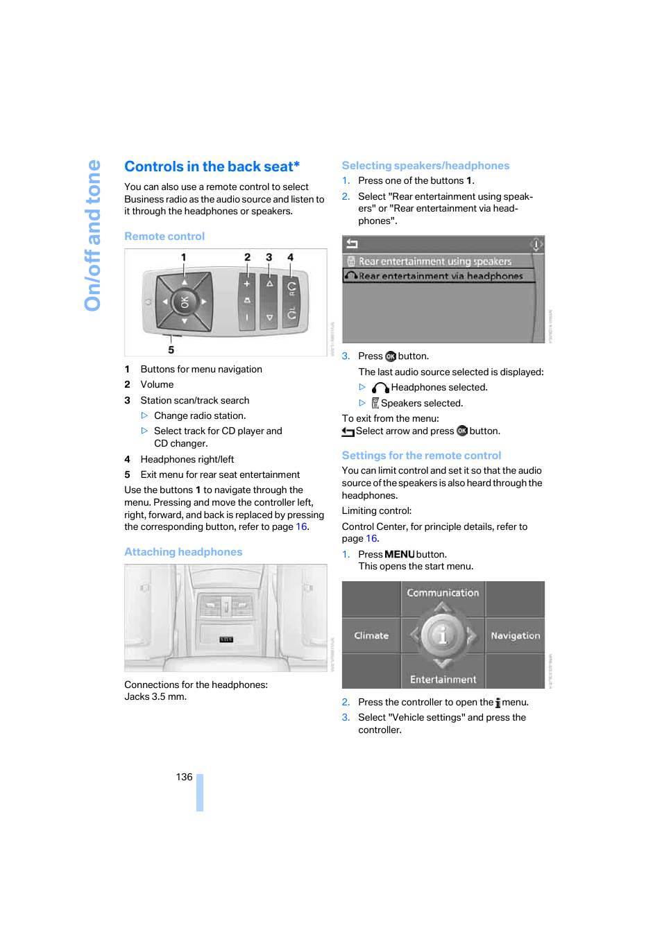 Controls in the back seat | BMW 525i Sedan 2005 User Manual | Page 137 / 221