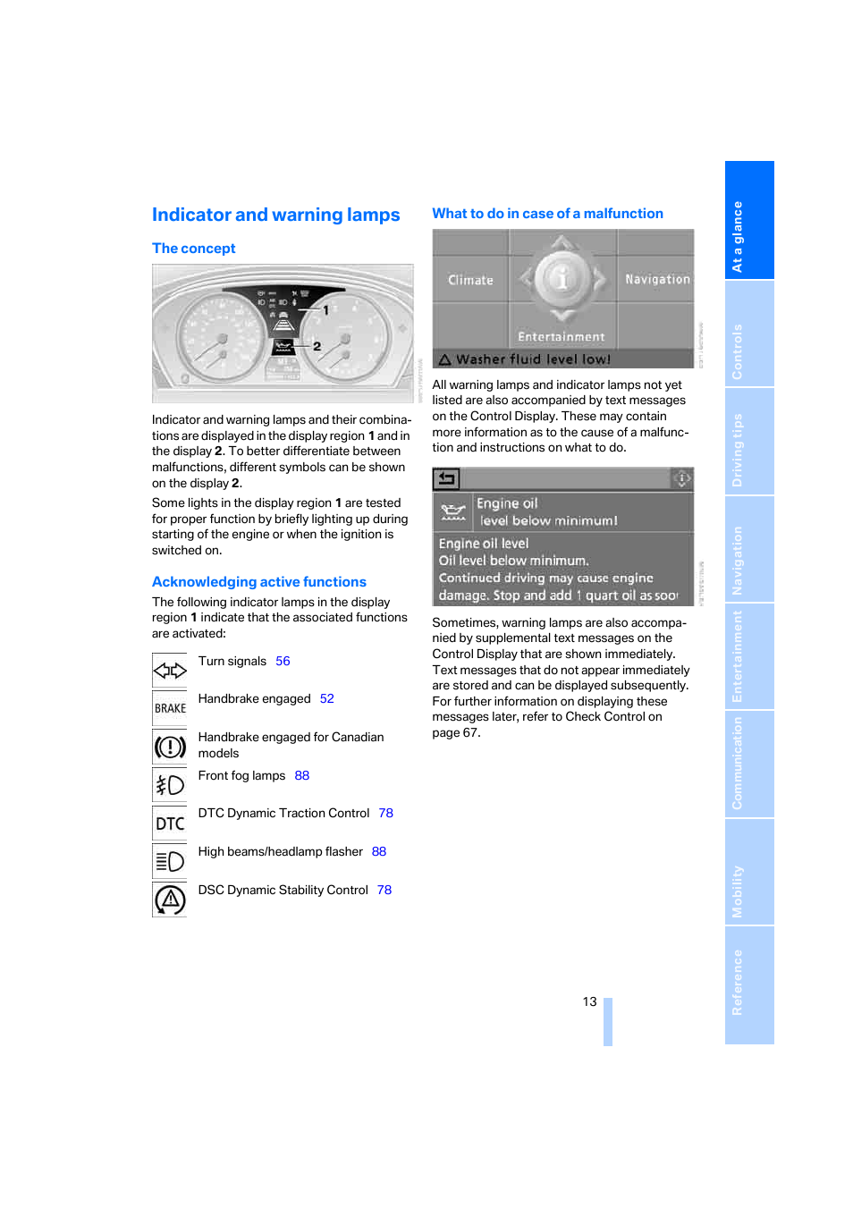 Indicator and warning lamps | BMW 525i Sedan 2005 User Manual | Page 14 / 221