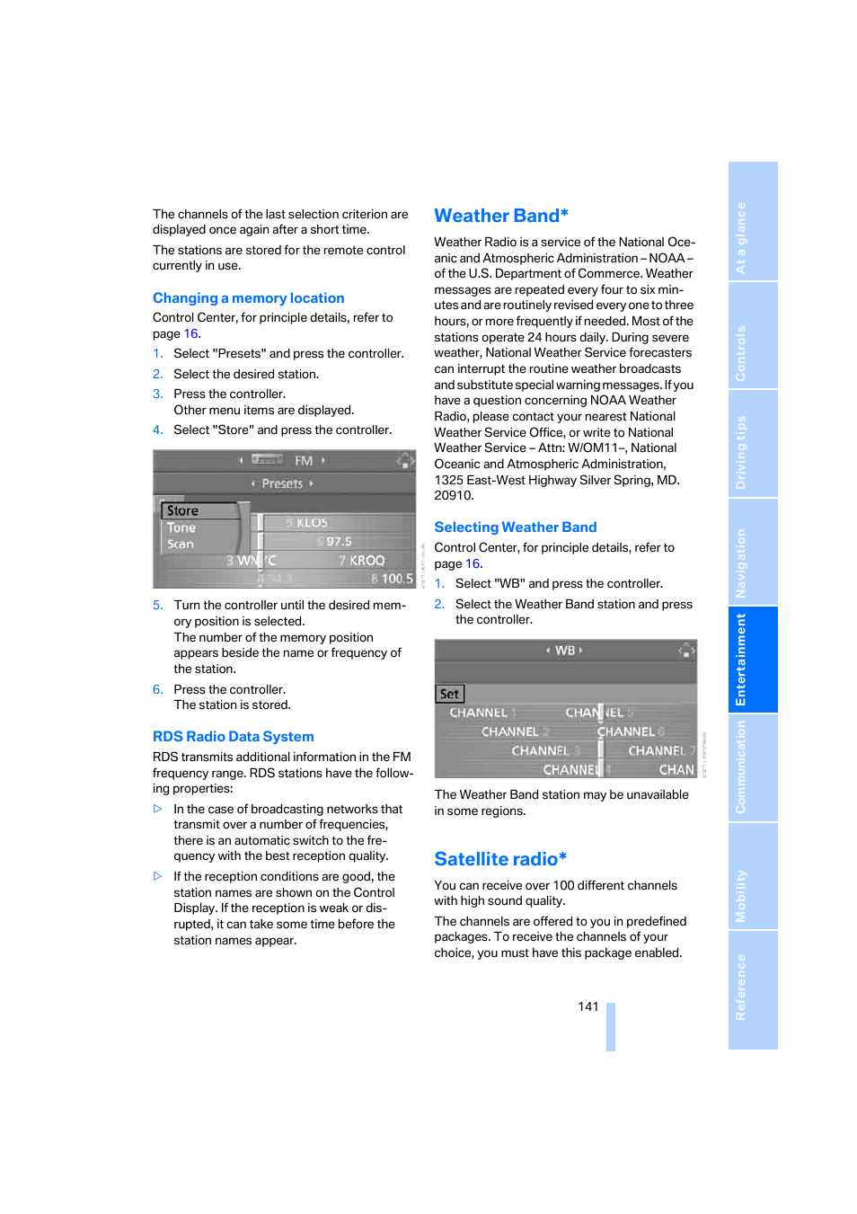 Weather band, Satellite radio | BMW 525i Sedan 2005 User Manual | Page 142 / 221