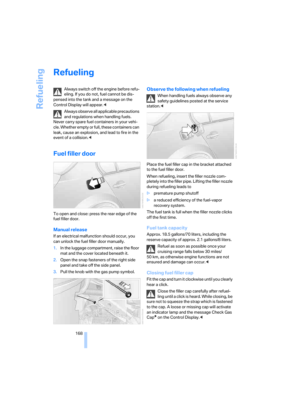 Refueling, Lity, Re fueling | Fuel filler door | BMW 525i Sedan 2005 User Manual | Page 169 / 221