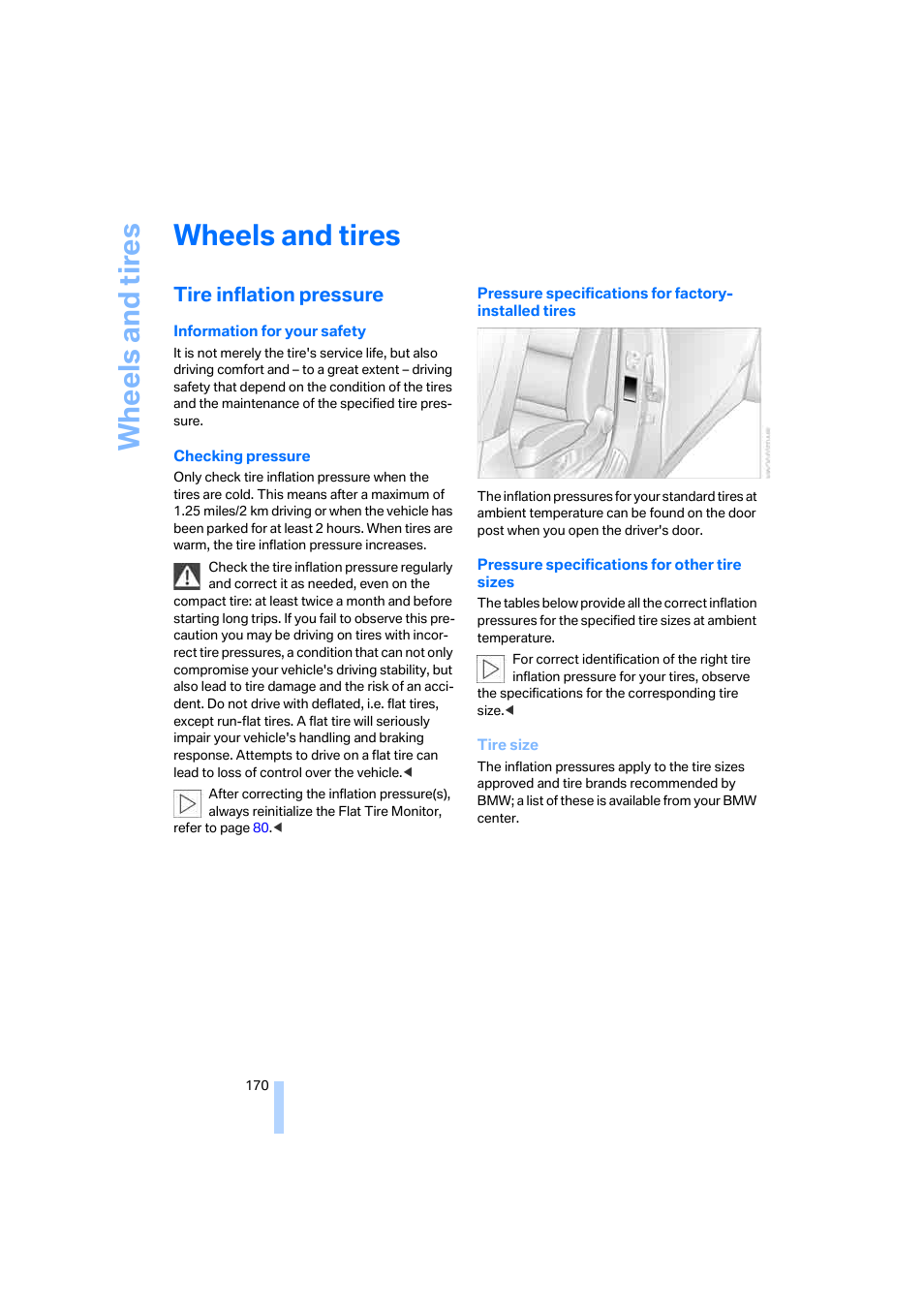 Wheels and tires, Wh eels and tire s, Tire inflation pressure | BMW 525i Sedan 2005 User Manual | Page 171 / 221