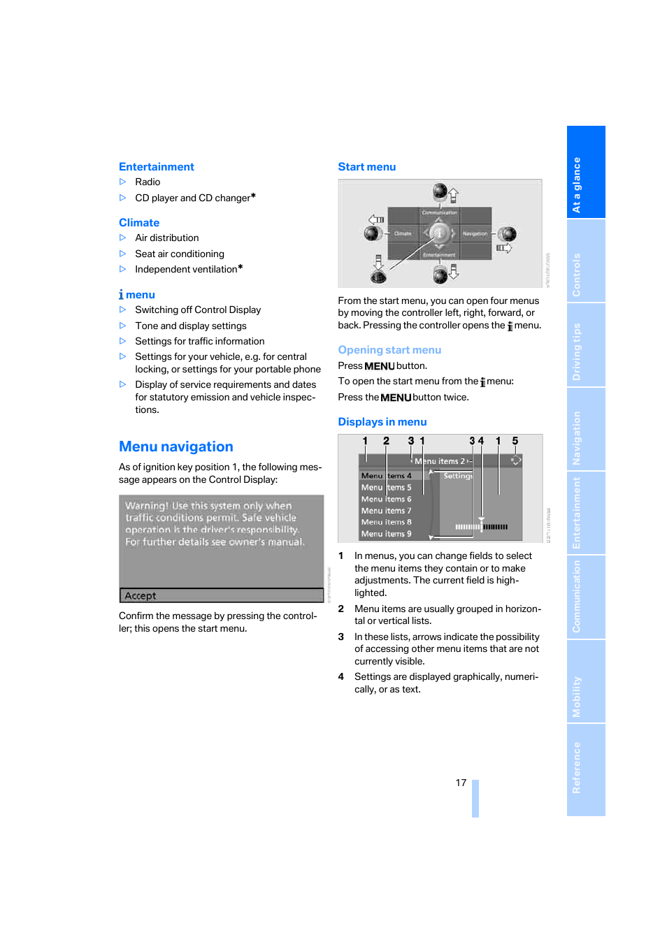 Menu navigation | BMW 525i Sedan 2005 User Manual | Page 18 / 221