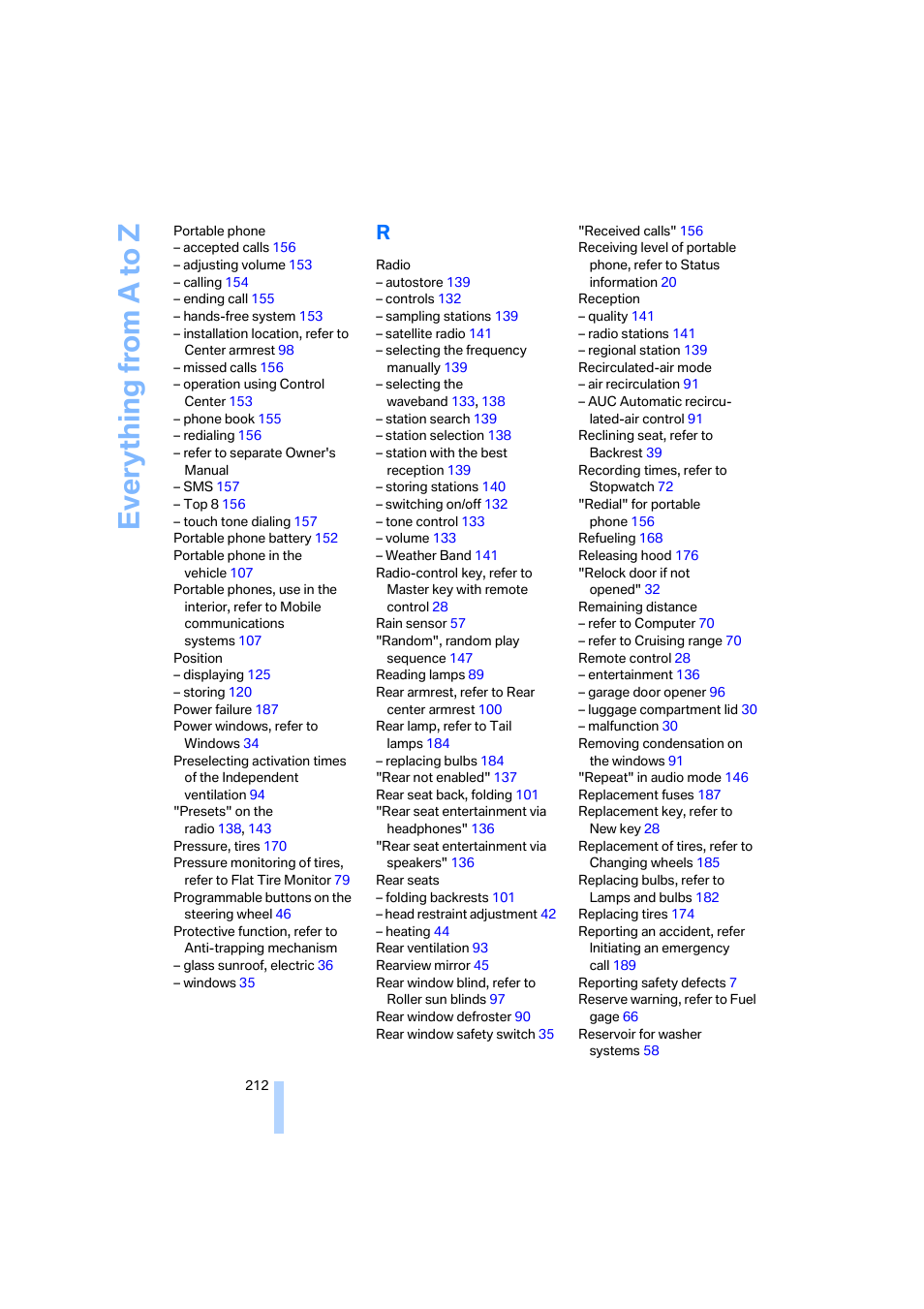 Everything from a to z | BMW 525i Sedan 2005 User Manual | Page 213 / 221