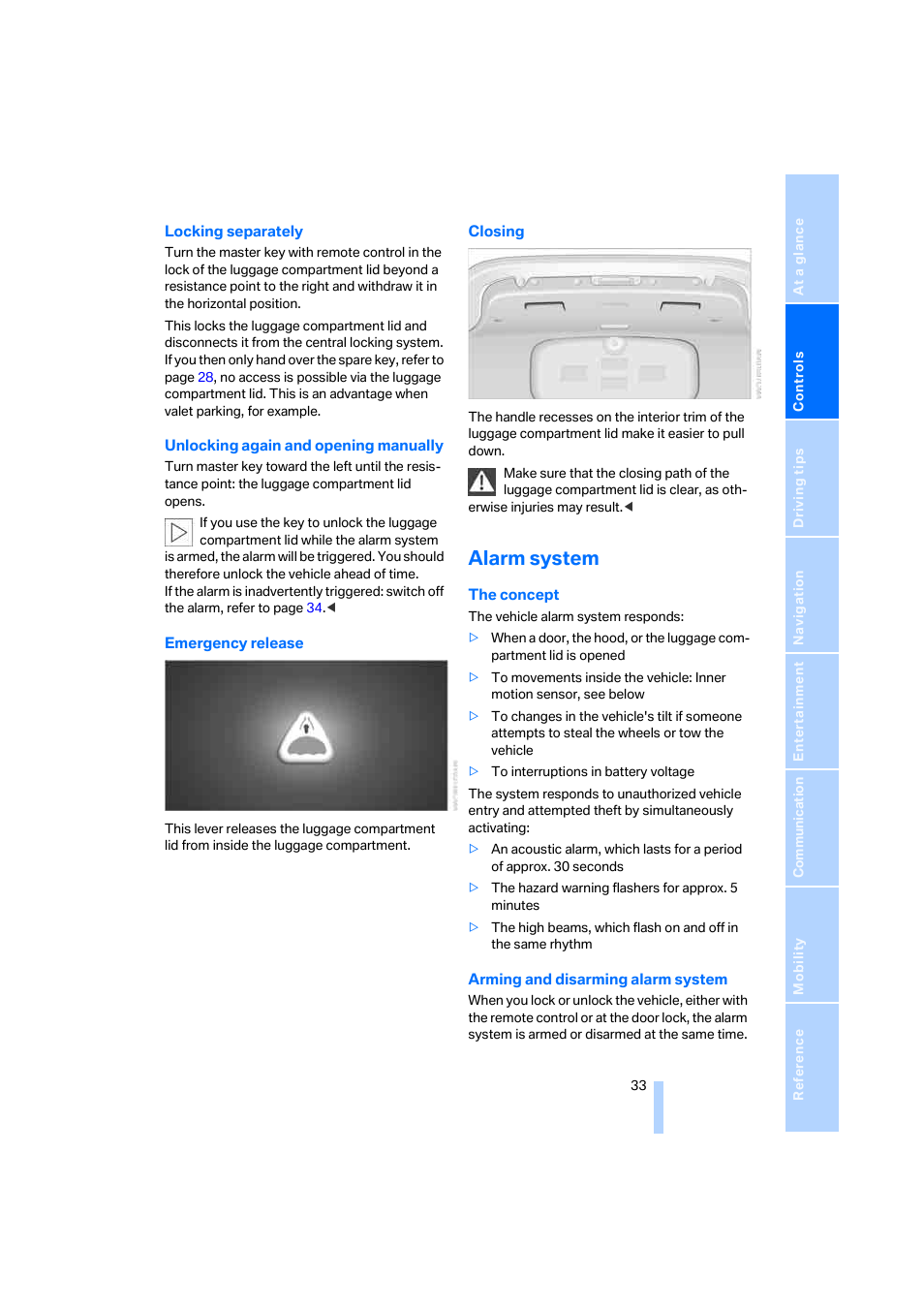 Alarm system | BMW 525i Sedan 2005 User Manual | Page 34 / 221