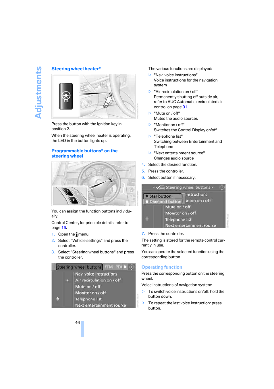 Adju stmen ts | BMW 525i Sedan 2005 User Manual | Page 47 / 221