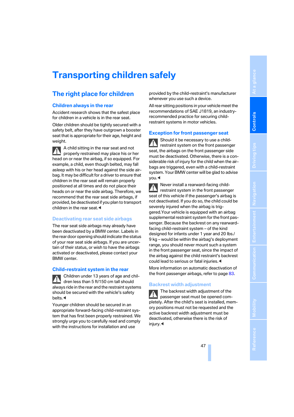 Transporting children safely, The right place for children | BMW 525i Sedan 2005 User Manual | Page 48 / 221