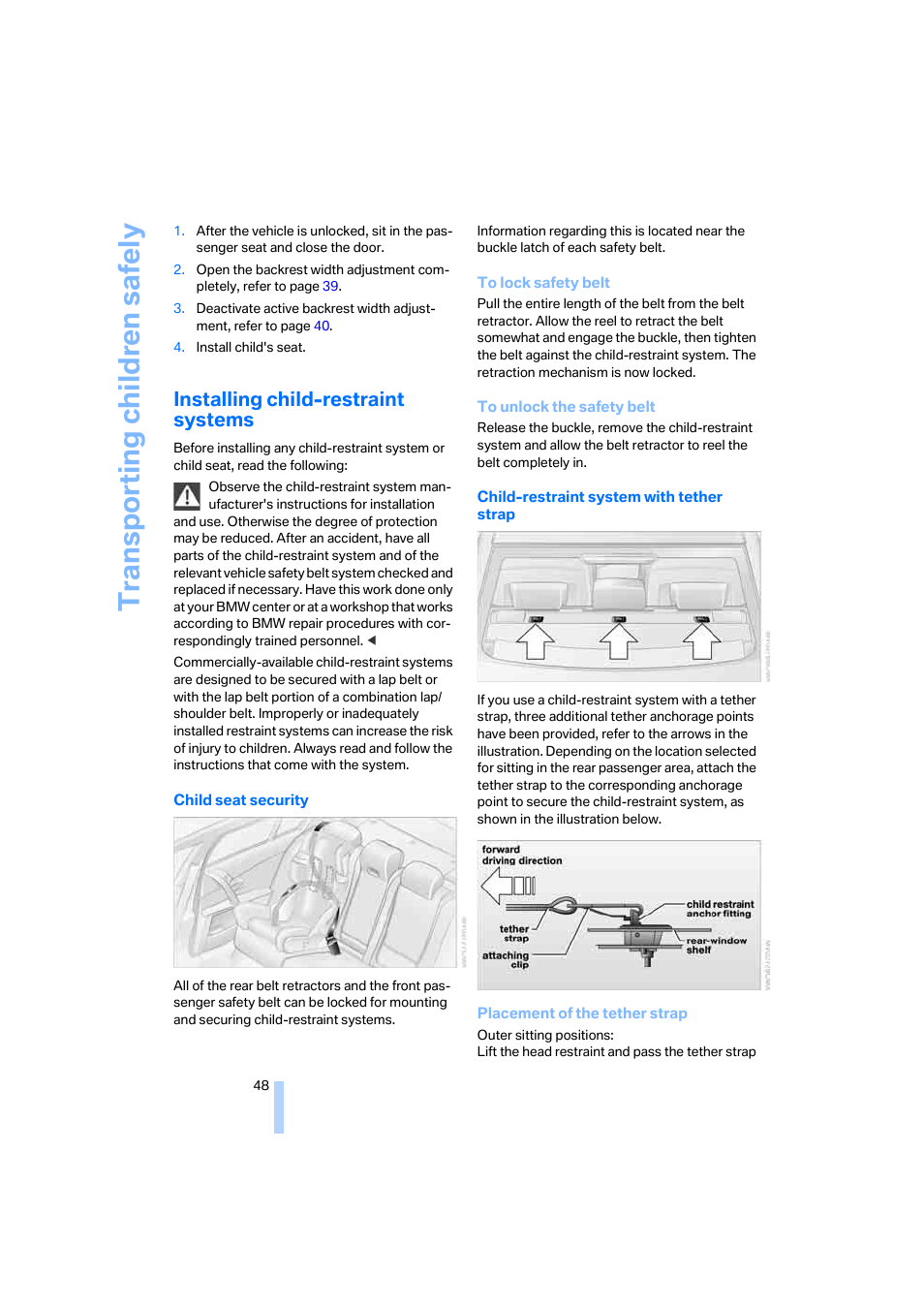 Transporting child ren safely, Installing child-restraint systems | BMW 525i Sedan 2005 User Manual | Page 49 / 221