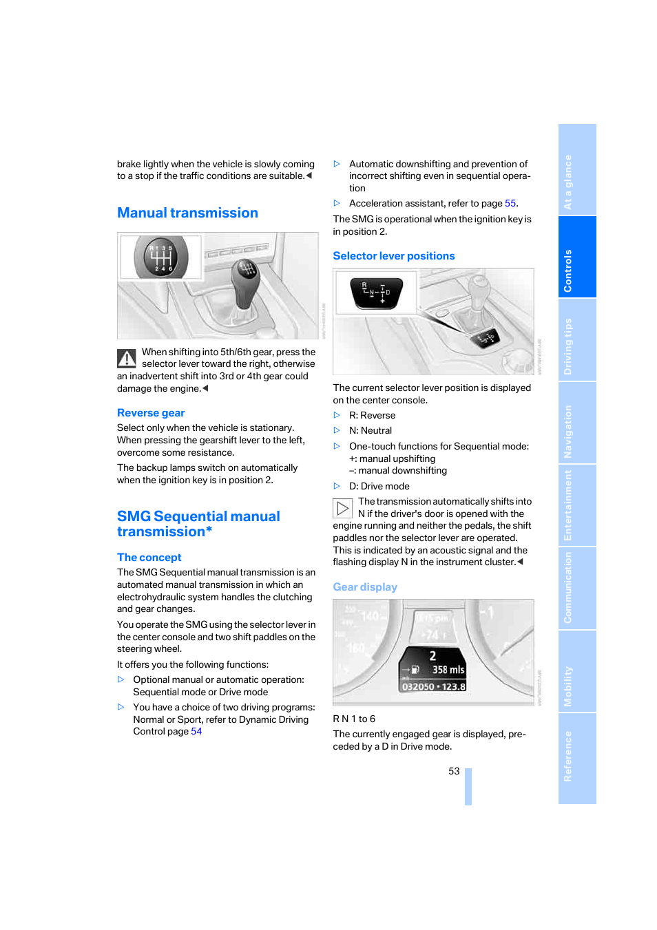 Manual transmission, Smg sequential manual transmission | BMW 525i Sedan 2005 User Manual | Page 54 / 221