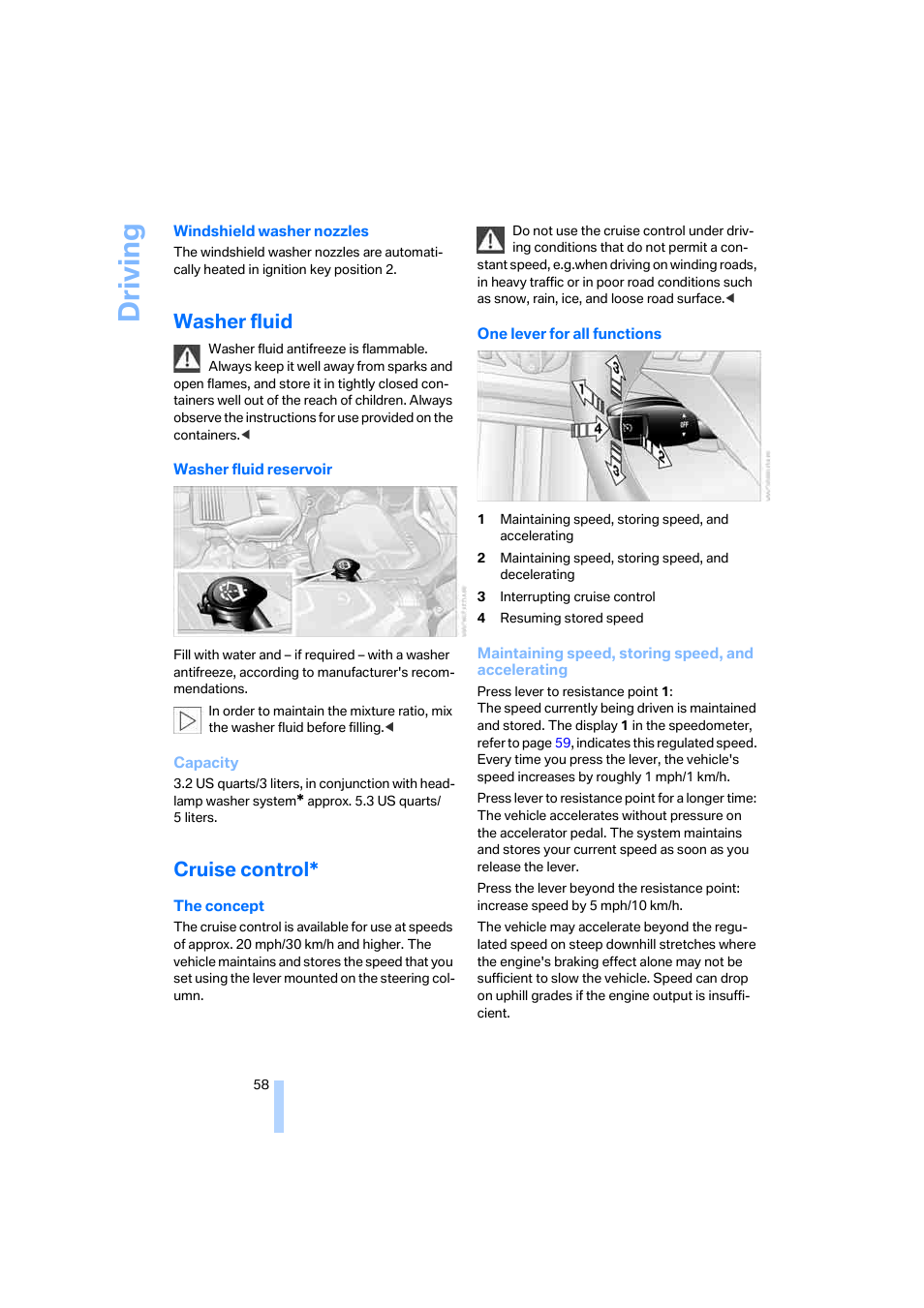 Driving, Washer fluid, Cruise control | BMW 525i Sedan 2005 User Manual | Page 59 / 221