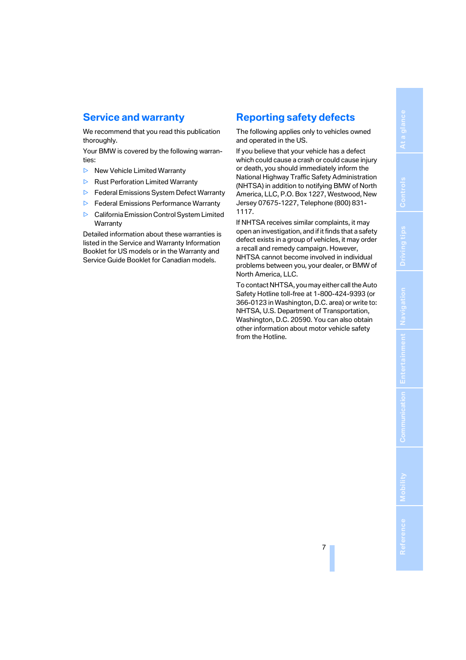 Reporting safety defects 7, Service and warranty, Reporting safety defects | BMW 525i Sedan 2005 User Manual | Page 8 / 221