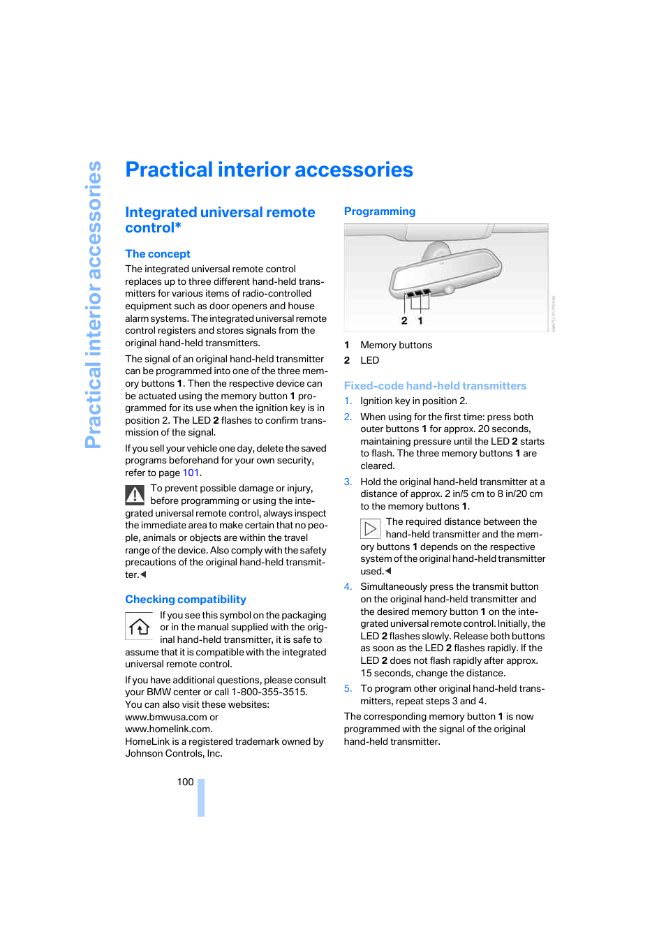 Practical interior accessories, Integrated universal remote control, Practical interi or acc ess orie s | BMW 645Ci Coupe 2005 User Manual | Page 101 / 217