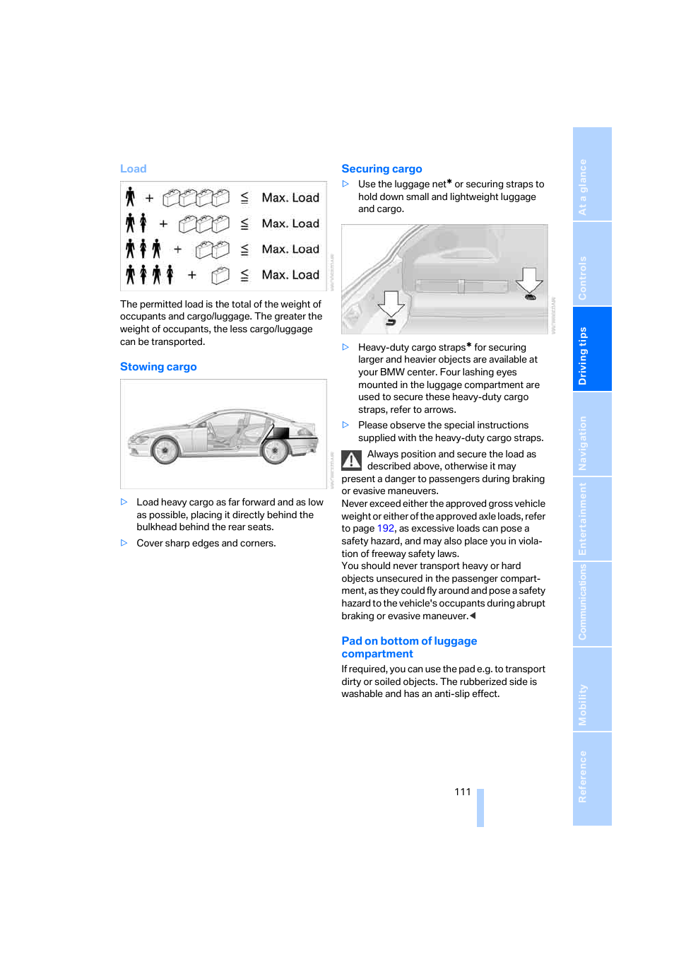 Securing cargo | BMW 645Ci Coupe 2005 User Manual | Page 112 / 217