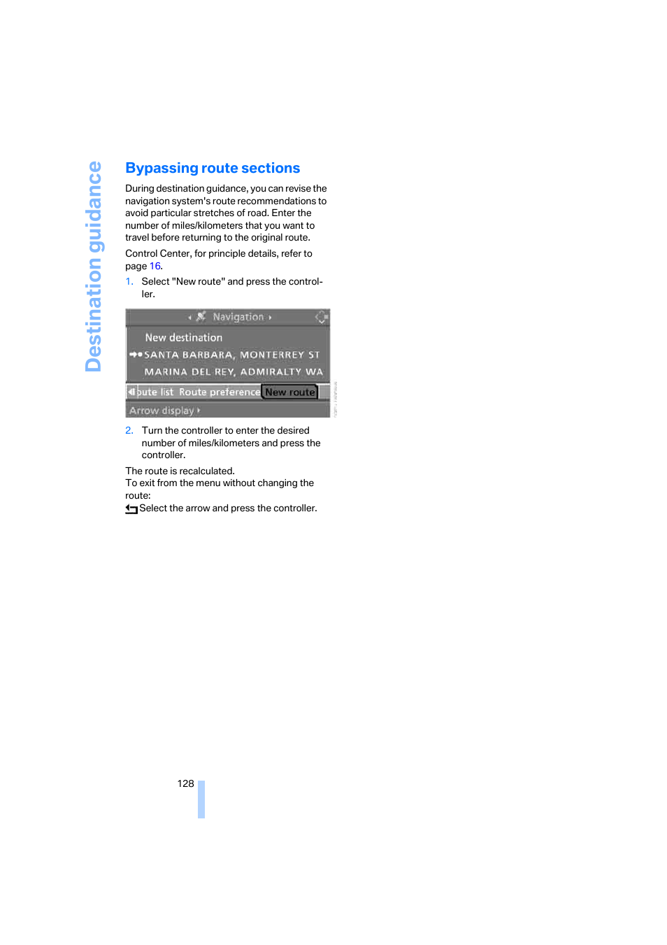 Bypassing route sections, Destination guidance | BMW 645Ci Coupe 2005 User Manual | Page 129 / 217