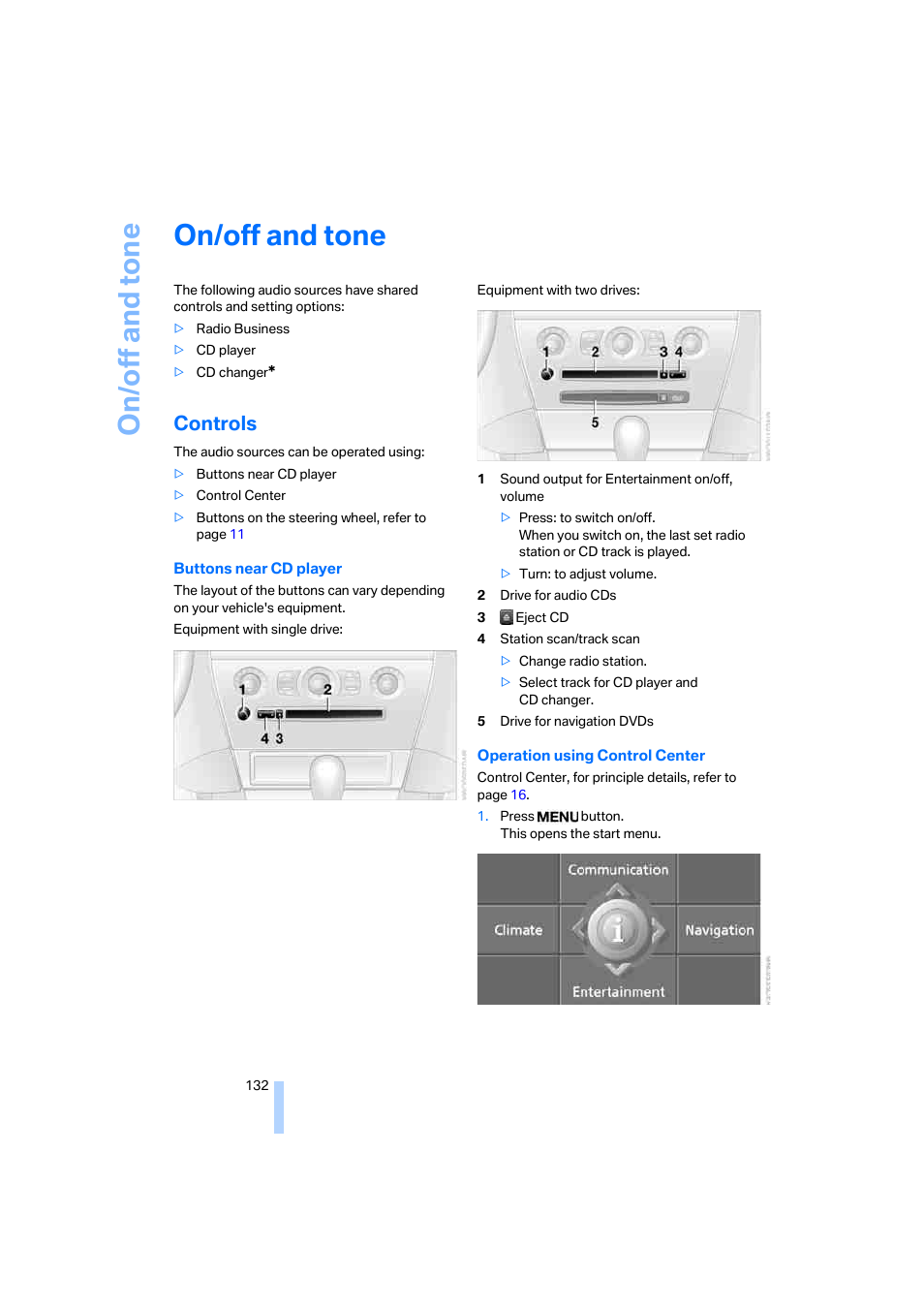 On/off and tone, Controls | BMW 645Ci Coupe 2005 User Manual | Page 133 / 217