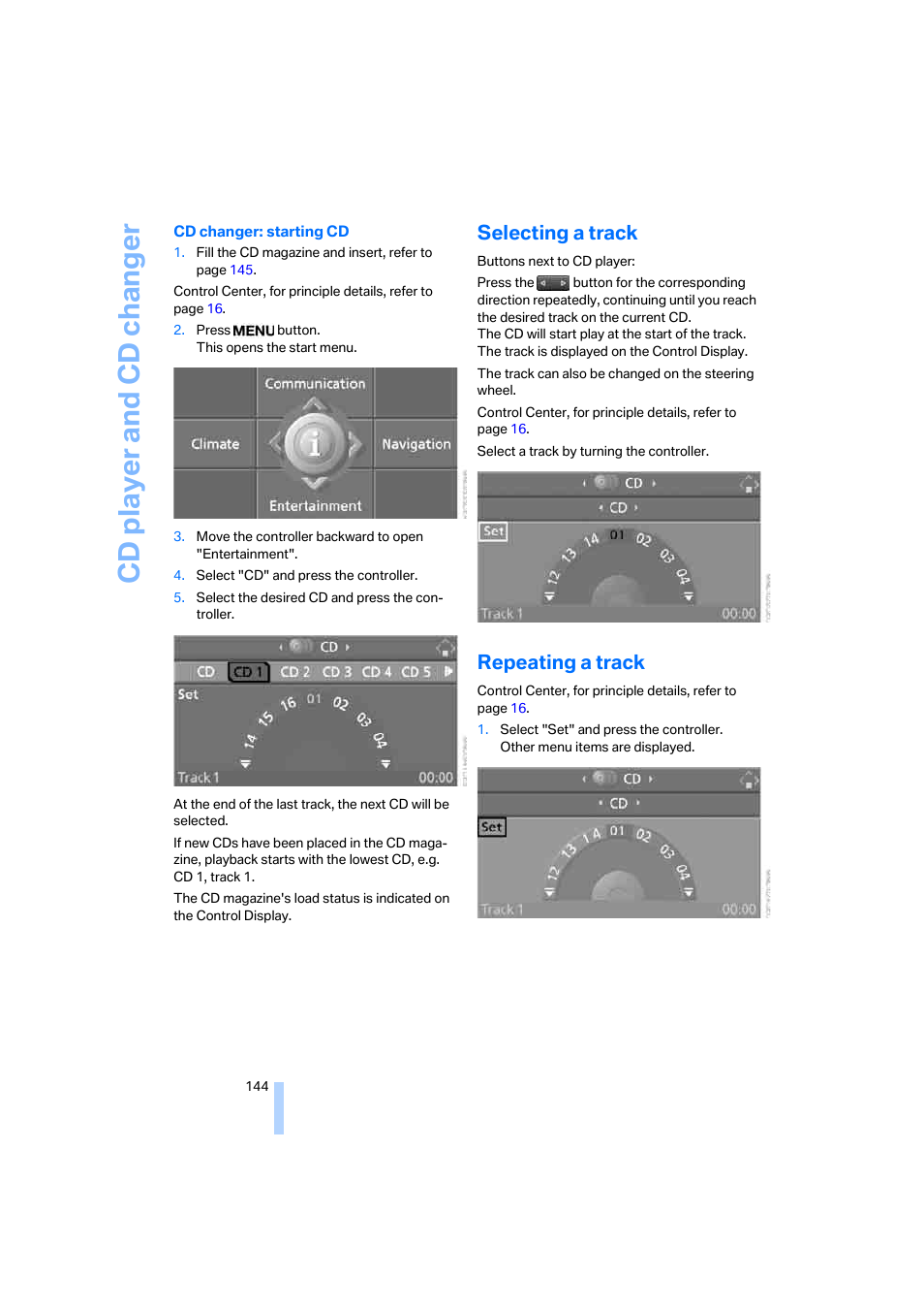 Selecting a track, Repeating a track, Cd player and cd changer | BMW 645Ci Coupe 2005 User Manual | Page 145 / 217
