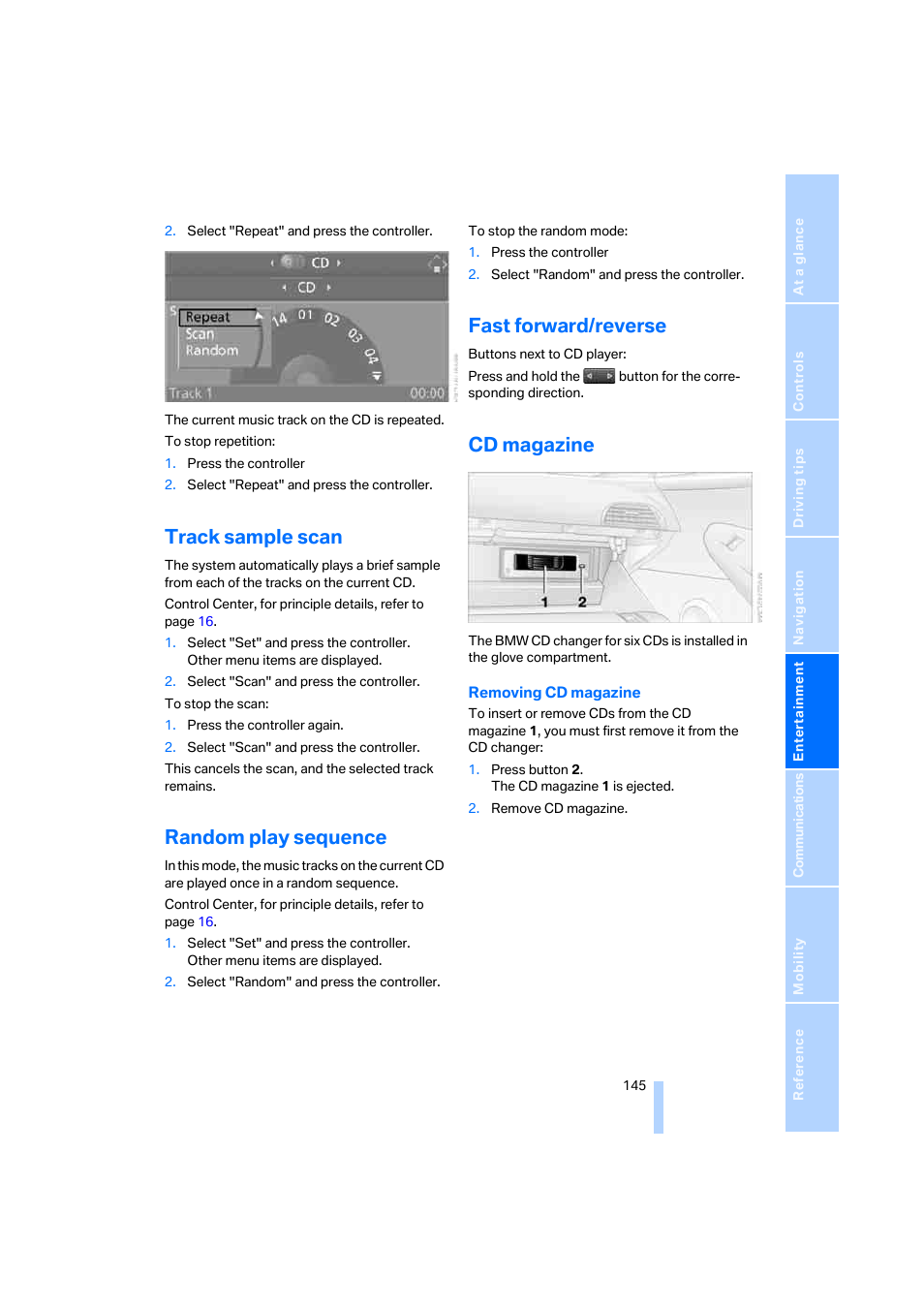 Track sample scan, Random play sequence, Fast forward/reverse | Cd magazine | BMW 645Ci Coupe 2005 User Manual | Page 146 / 217