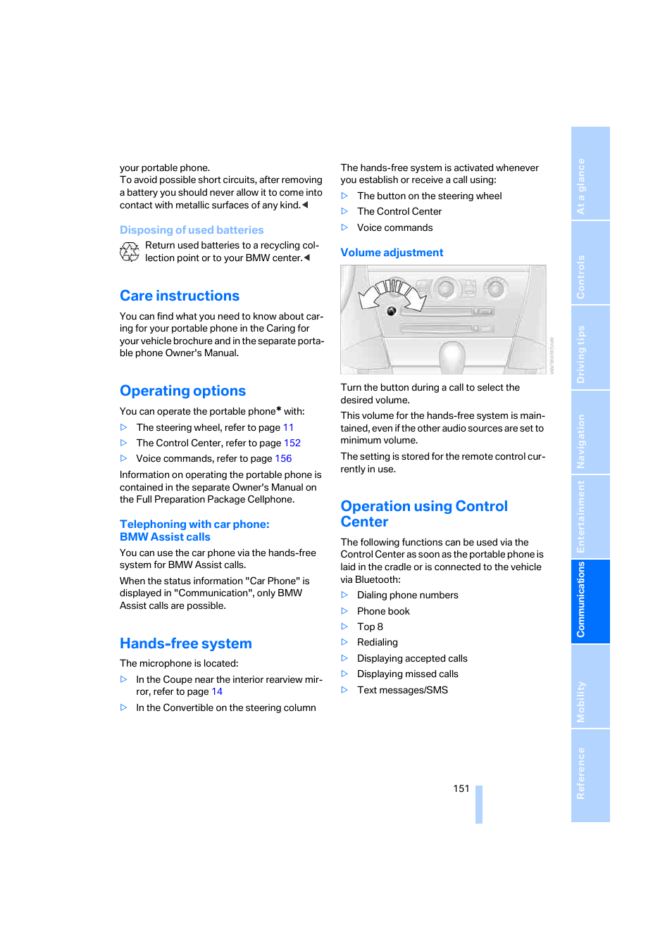 Care instructions, Operating options, Hands-free system | Operation using control center | BMW 645Ci Coupe 2005 User Manual | Page 152 / 217