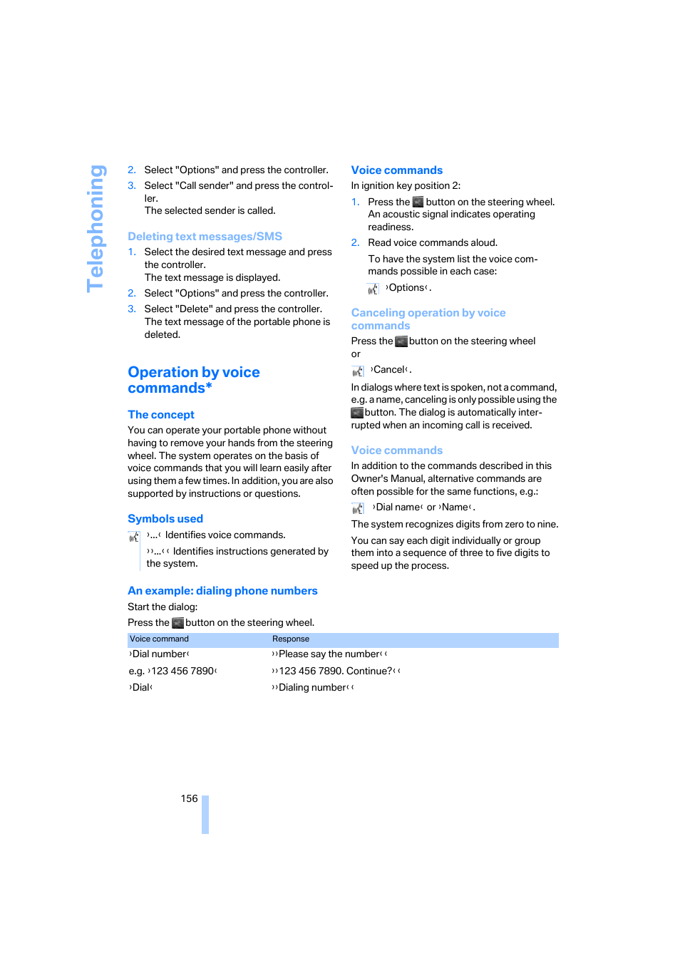 Operation by voice commands, Telep h oning | BMW 645Ci Coupe 2005 User Manual | Page 157 / 217