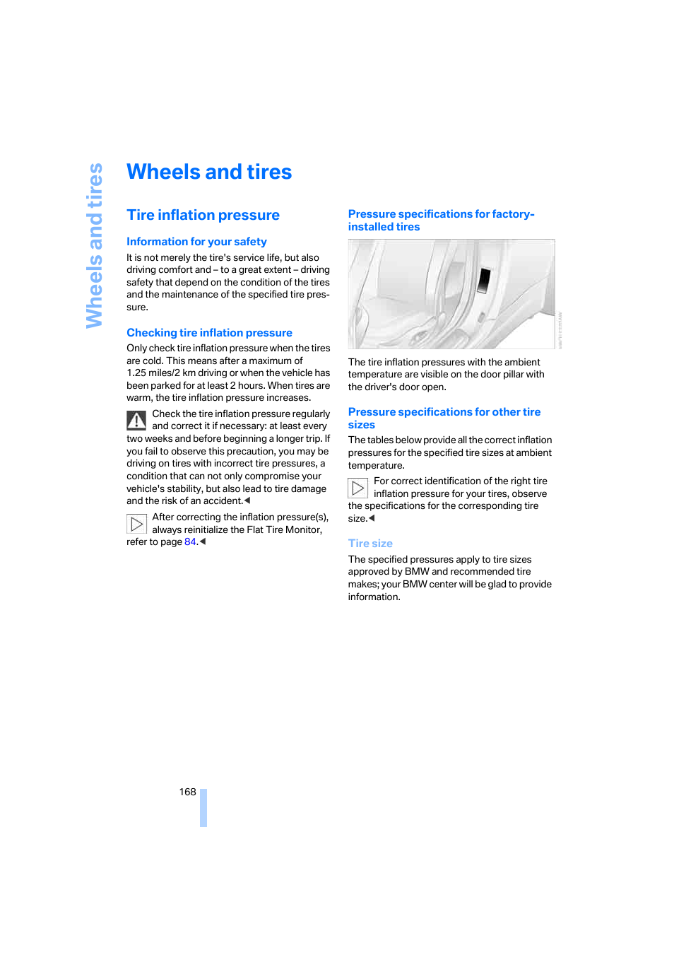 Wheels and tires, Tire inflation pressure, Wh eels and tire s | BMW 645Ci Coupe 2005 User Manual | Page 169 / 217