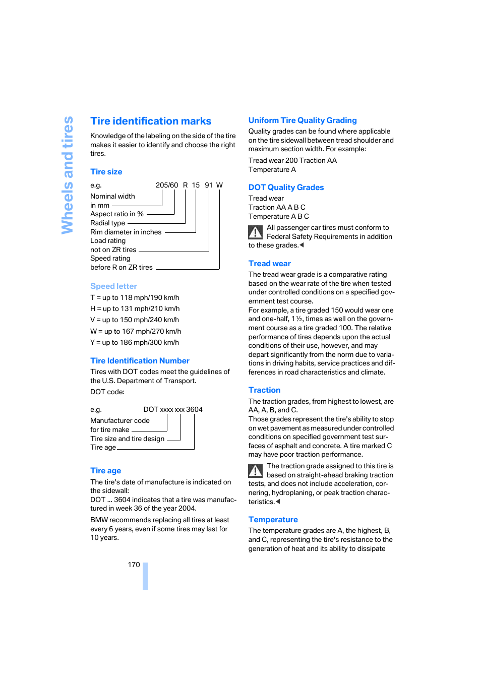 Tire identification marks, Wh eels and tire s | BMW 645Ci Coupe 2005 User Manual | Page 171 / 217