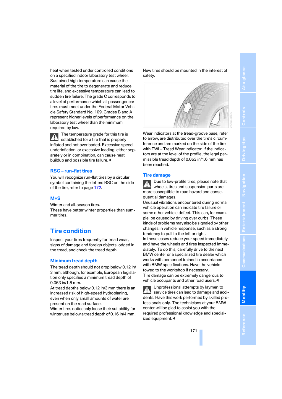 Tire condition | BMW 645Ci Coupe 2005 User Manual | Page 172 / 217