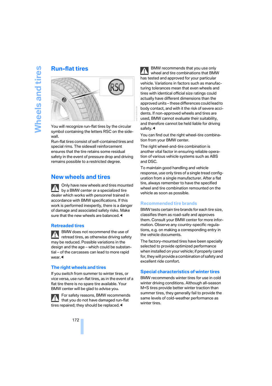Run-flat tires, New wheels and tires, Wh eels and tire s | BMW 645Ci Coupe 2005 User Manual | Page 173 / 217