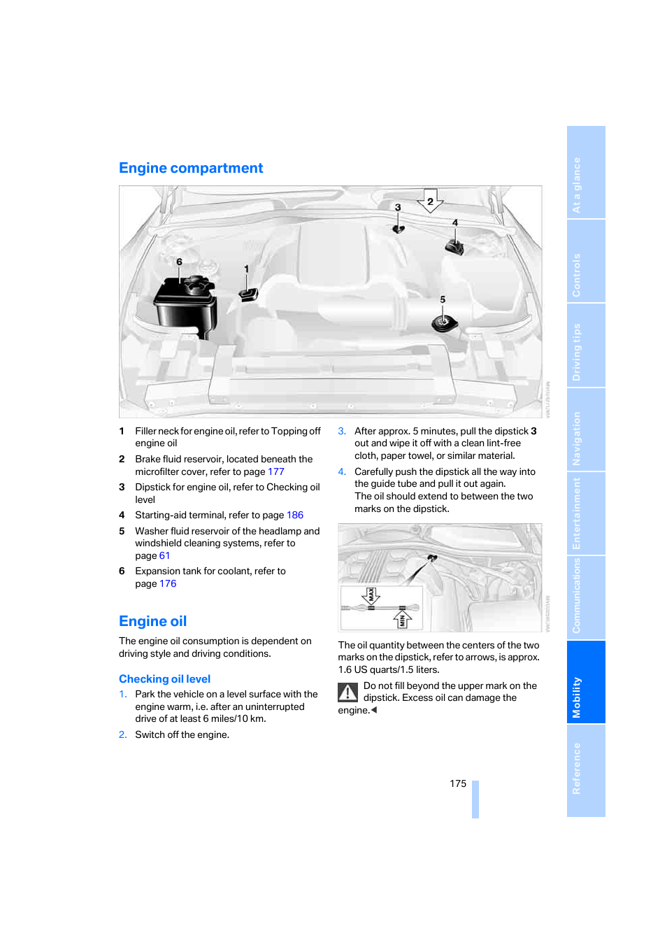 Engine compartment, Engine oil | BMW 645Ci Coupe 2005 User Manual | Page 176 / 217