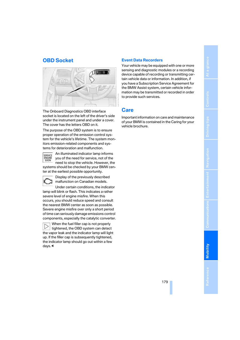 Obd socket, Care | BMW 645Ci Coupe 2005 User Manual | Page 180 / 217