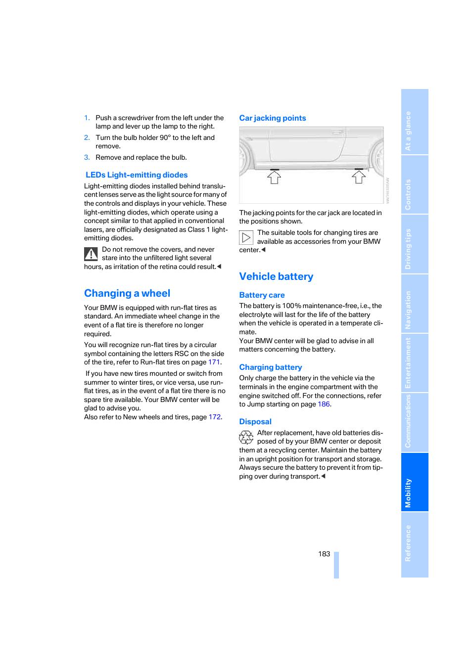 Changing a wheel, Vehicle battery | BMW 645Ci Coupe 2005 User Manual | Page 184 / 217