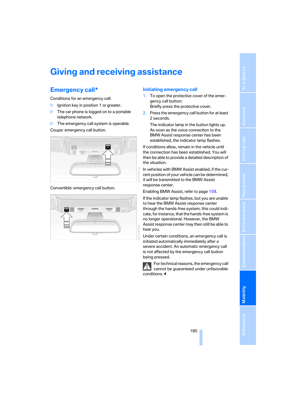 Giving and receiving assistance, Emergency call | BMW 645Ci Coupe 2005 User Manual | Page 186 / 217