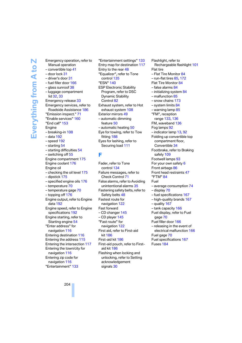 Everything from a to z | BMW 645Ci Coupe 2005 User Manual | Page 205 / 217