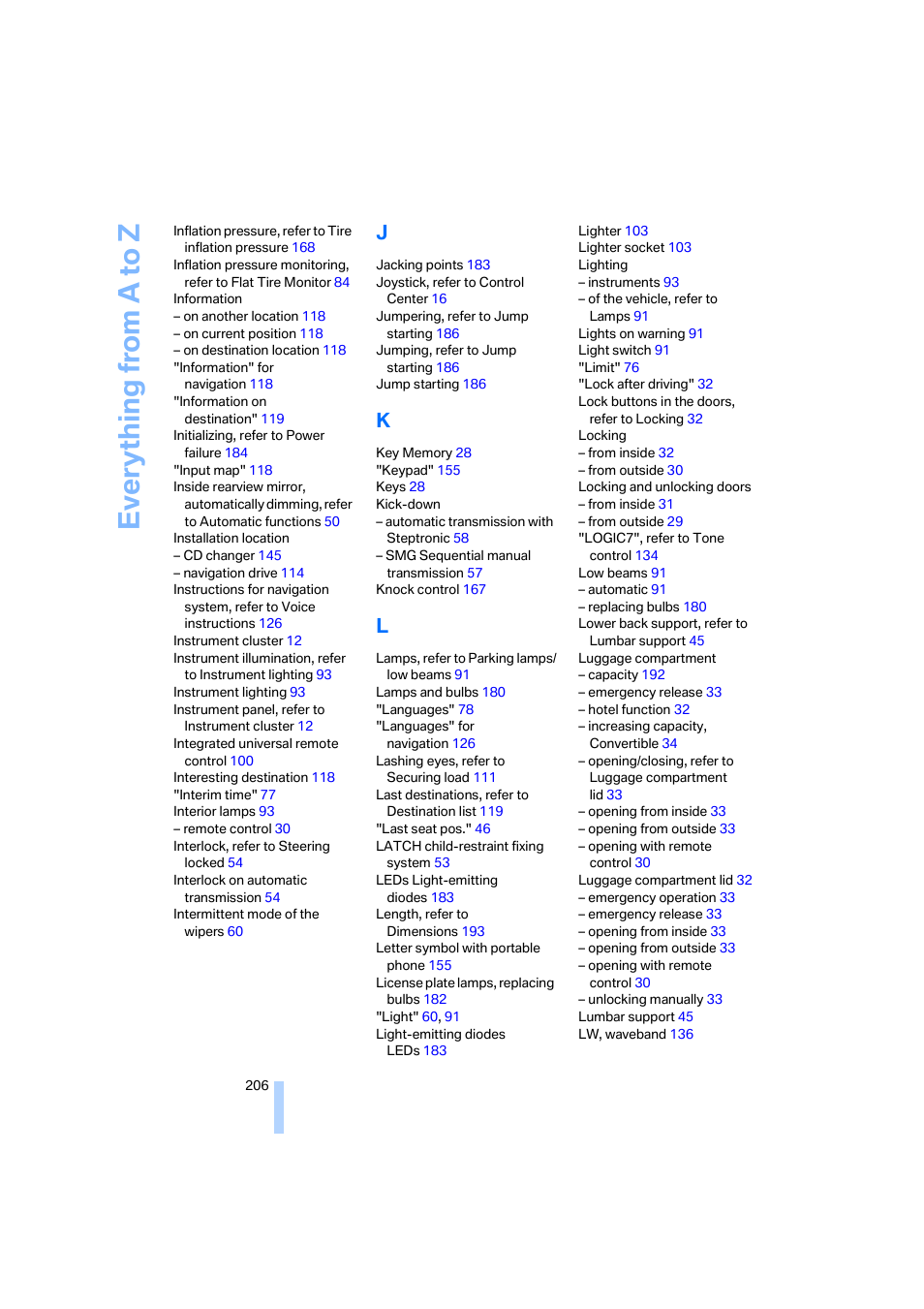 Everything from a to z | BMW 645Ci Coupe 2005 User Manual | Page 207 / 217