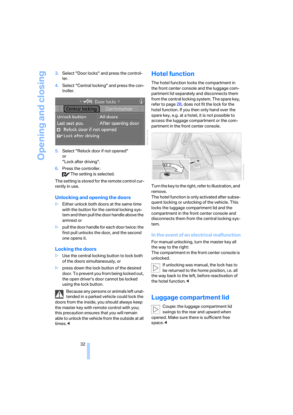 Hotel function, Luggage compartment lid, Opening and closing | BMW 645Ci Coupe 2005 User Manual | Page 33 / 217