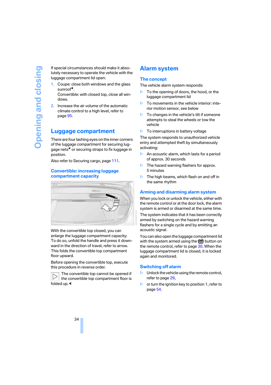 Luggage compartment, Alarm system, Opening and closing | BMW 645Ci Coupe 2005 User Manual | Page 35 / 217