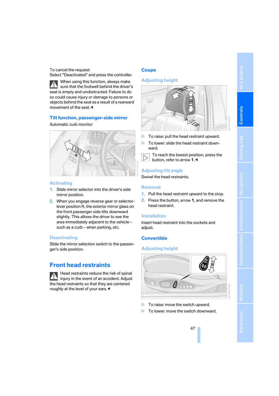 Front head restraints | BMW 645Ci Coupe 2005 User Manual | Page 48 / 217