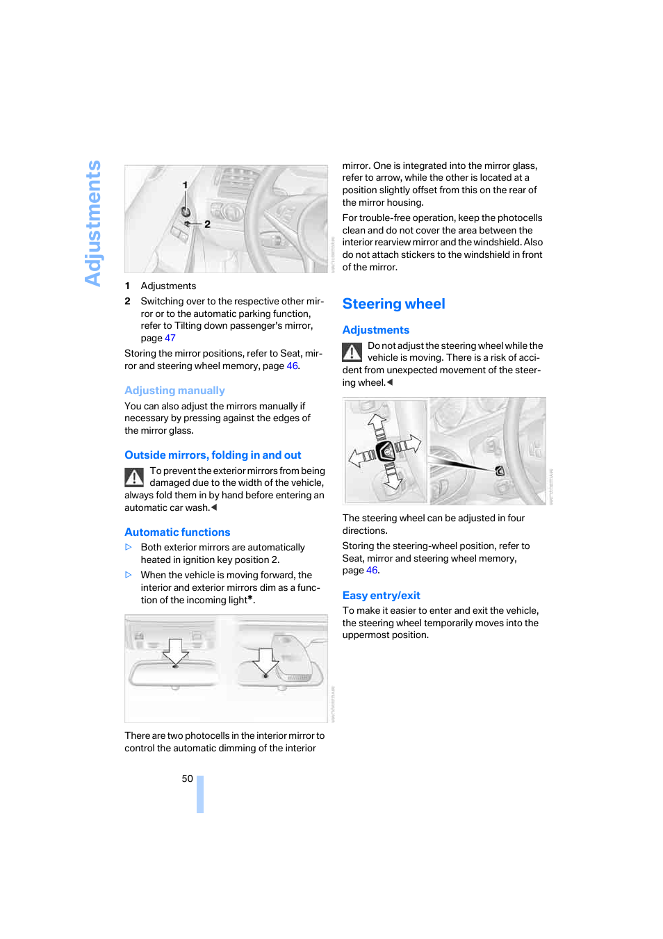 Steering wheel, Ment, Adju stmen ts | BMW 645Ci Coupe 2005 User Manual | Page 51 / 217