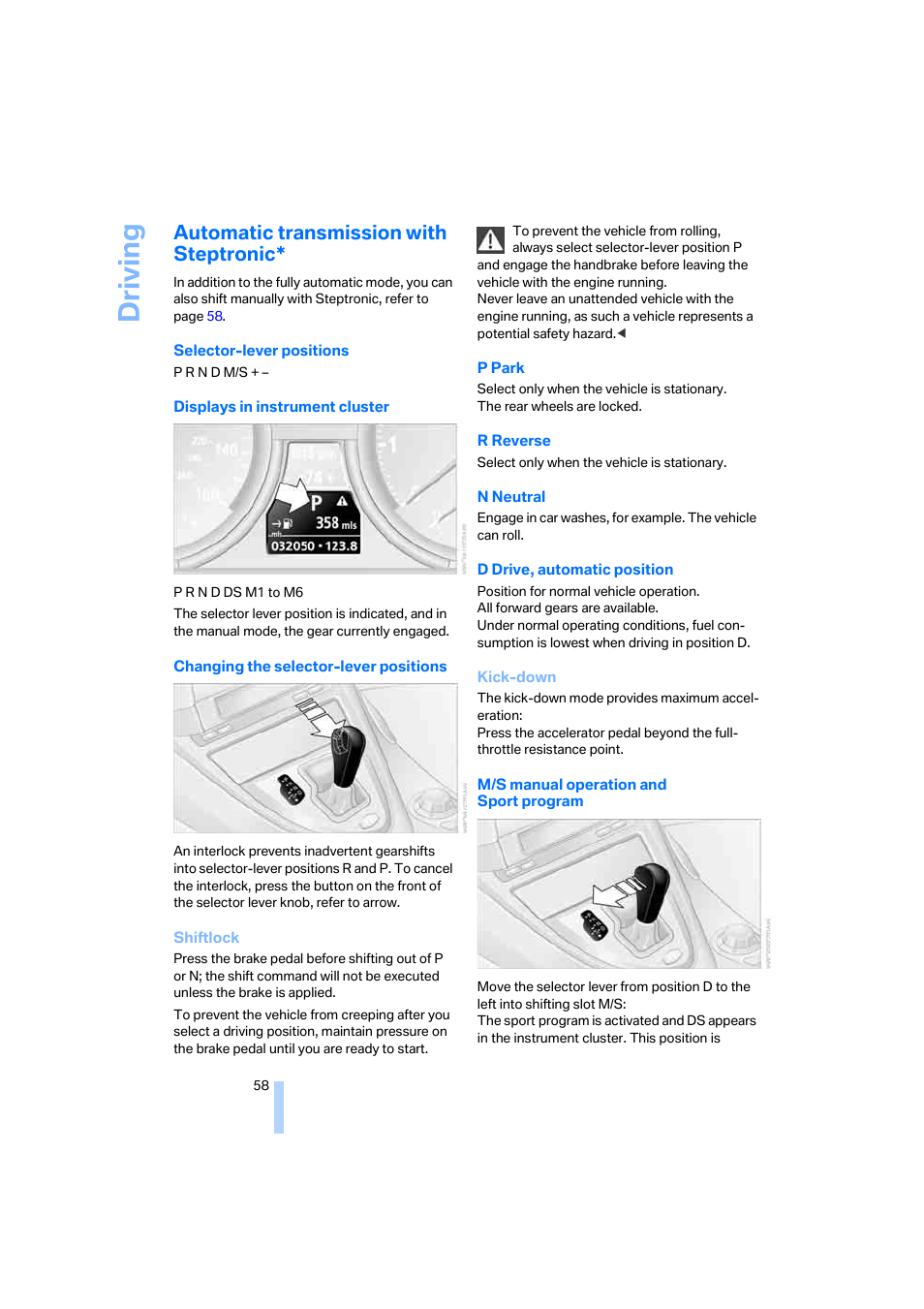 Automatic transmission with steptronic, Driving | BMW 645Ci Coupe 2005 User Manual | Page 59 / 217