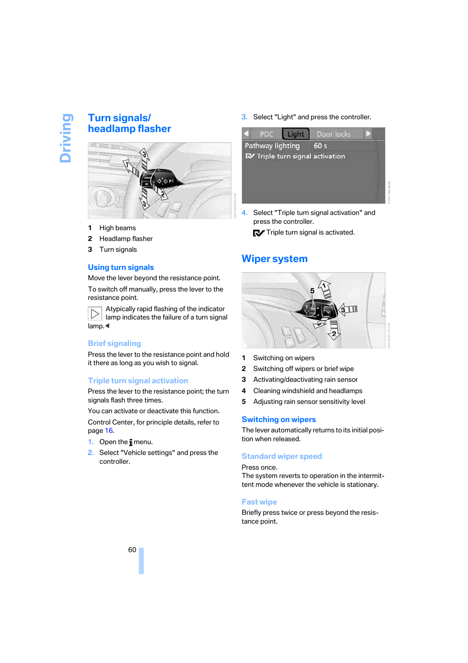 Turn signals/ headlamp flasher, Wiper system, Driving | BMW 645Ci Coupe 2005 User Manual | Page 61 / 217