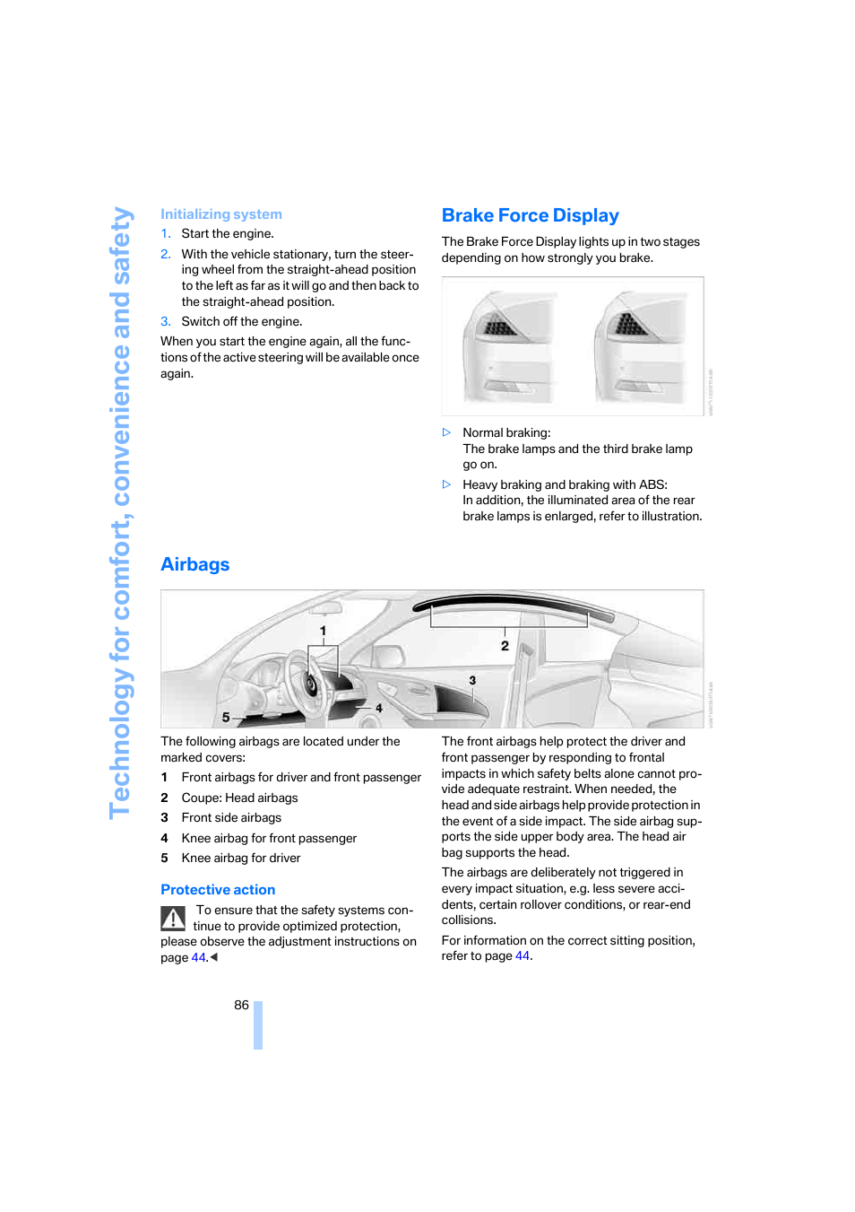 Brake force display, Airbags | BMW 645Ci Coupe 2005 User Manual | Page 87 / 217