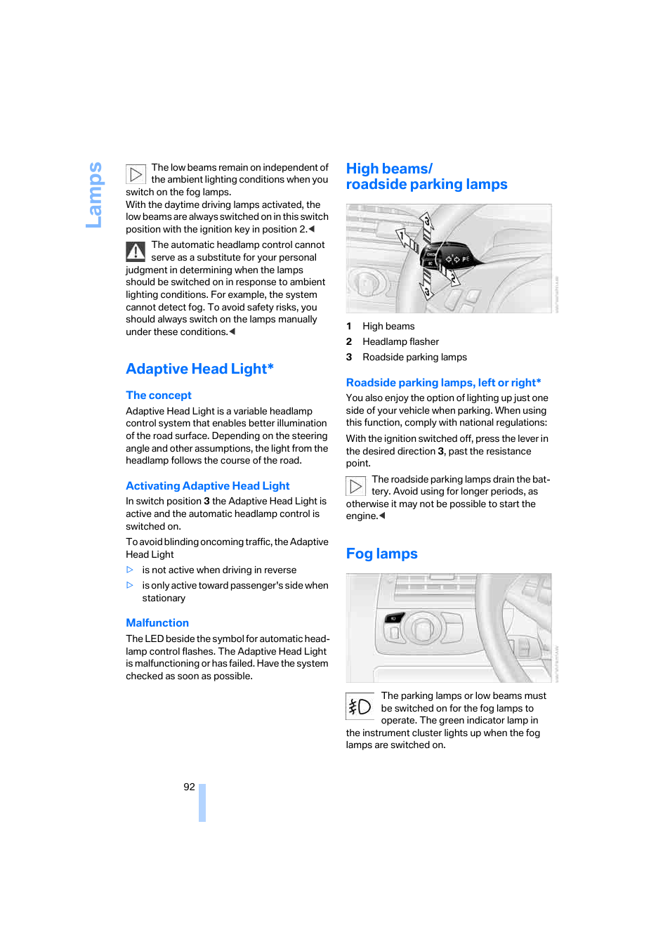 Adaptive head light, High beams/ roadside parking lamps, Fog lamps | La mp s | BMW 645Ci Coupe 2005 User Manual | Page 93 / 217