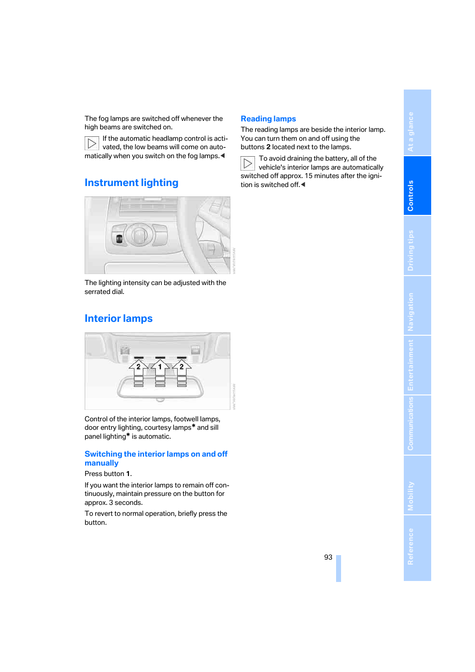 Instrument lighting, Interior lamps | BMW 645Ci Coupe 2005 User Manual | Page 94 / 217