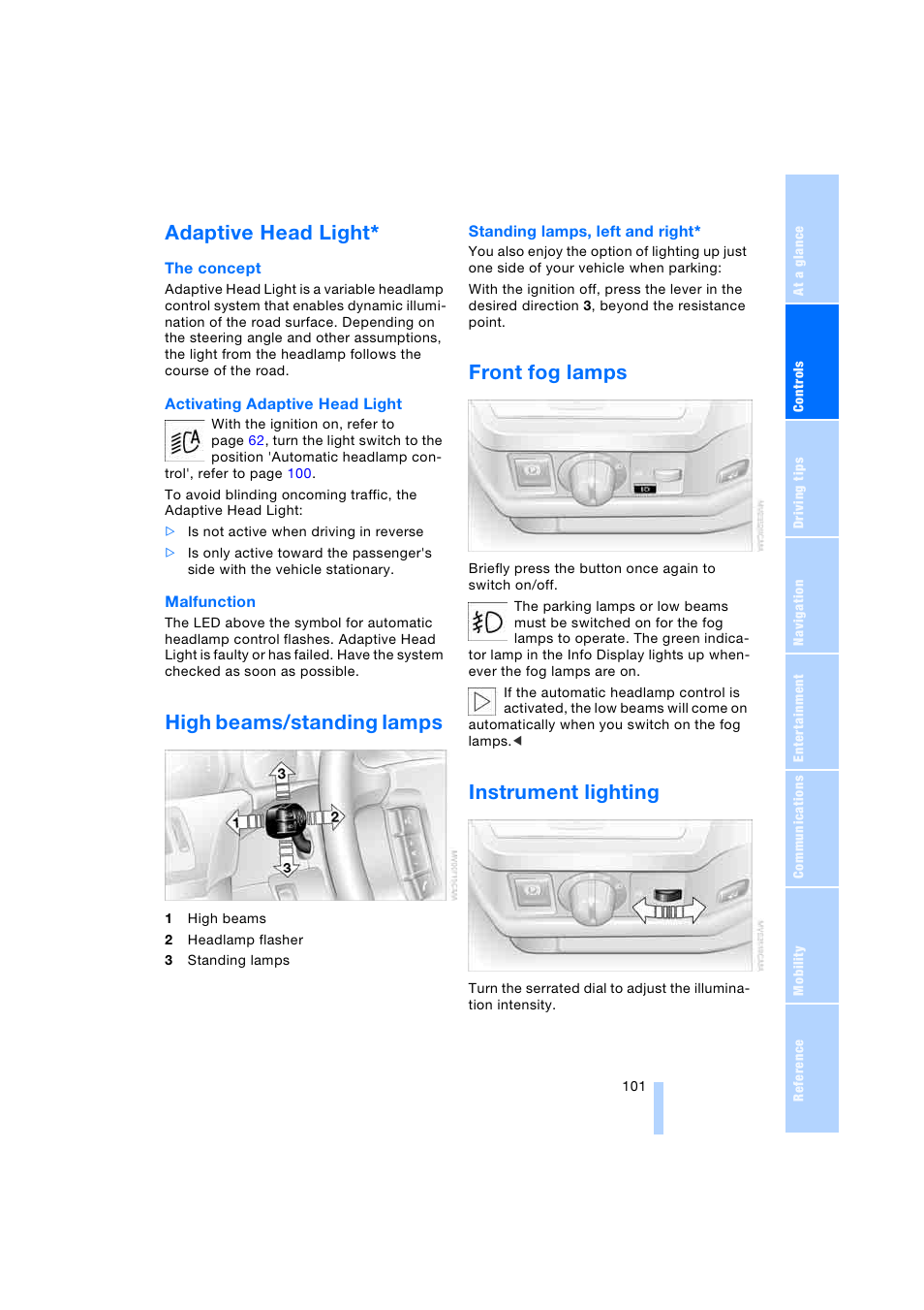 Adaptive head light, High beams/standing lamps, Front fog lamps | Instrument lighting | BMW 745i Sedan 2005 User Manual | Page 103 / 239