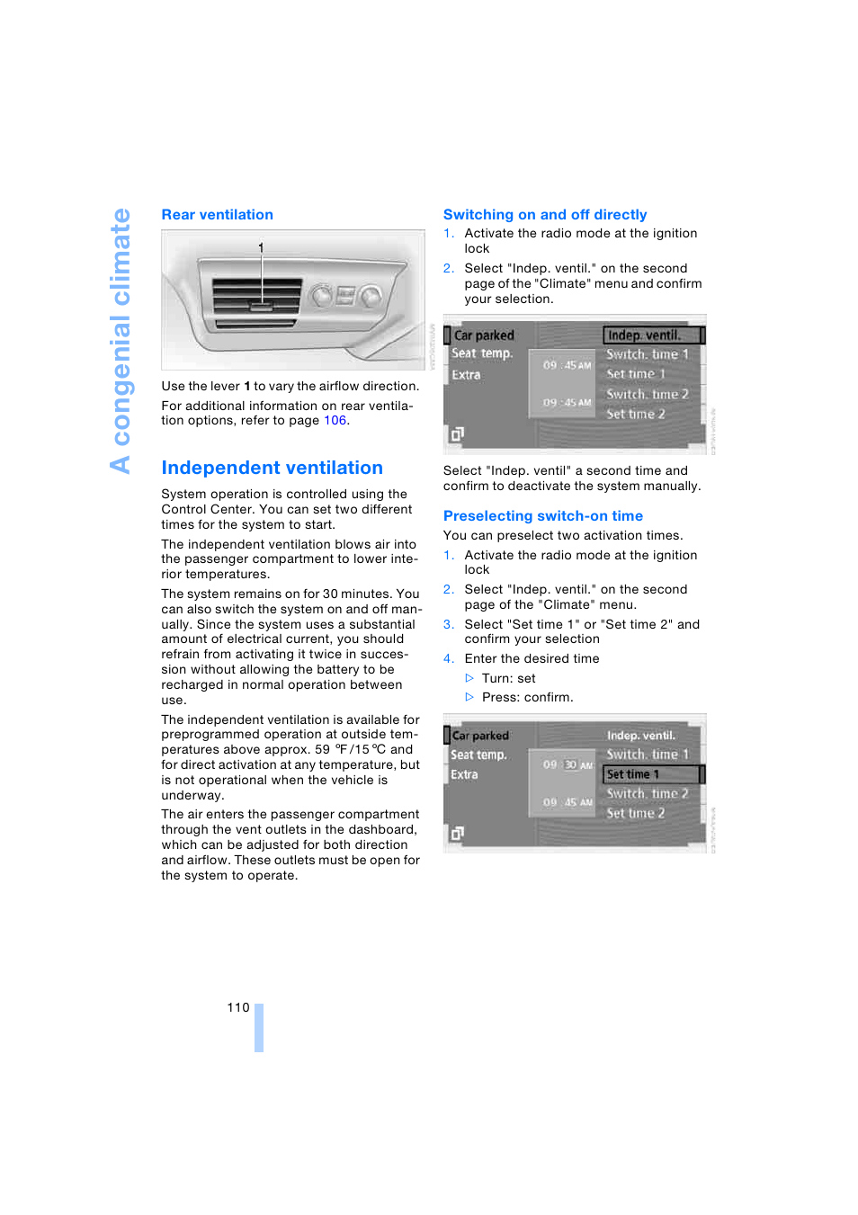 Independent ventilation, Ac o ngenia l cl imat e | BMW 745i Sedan 2005 User Manual | Page 112 / 239