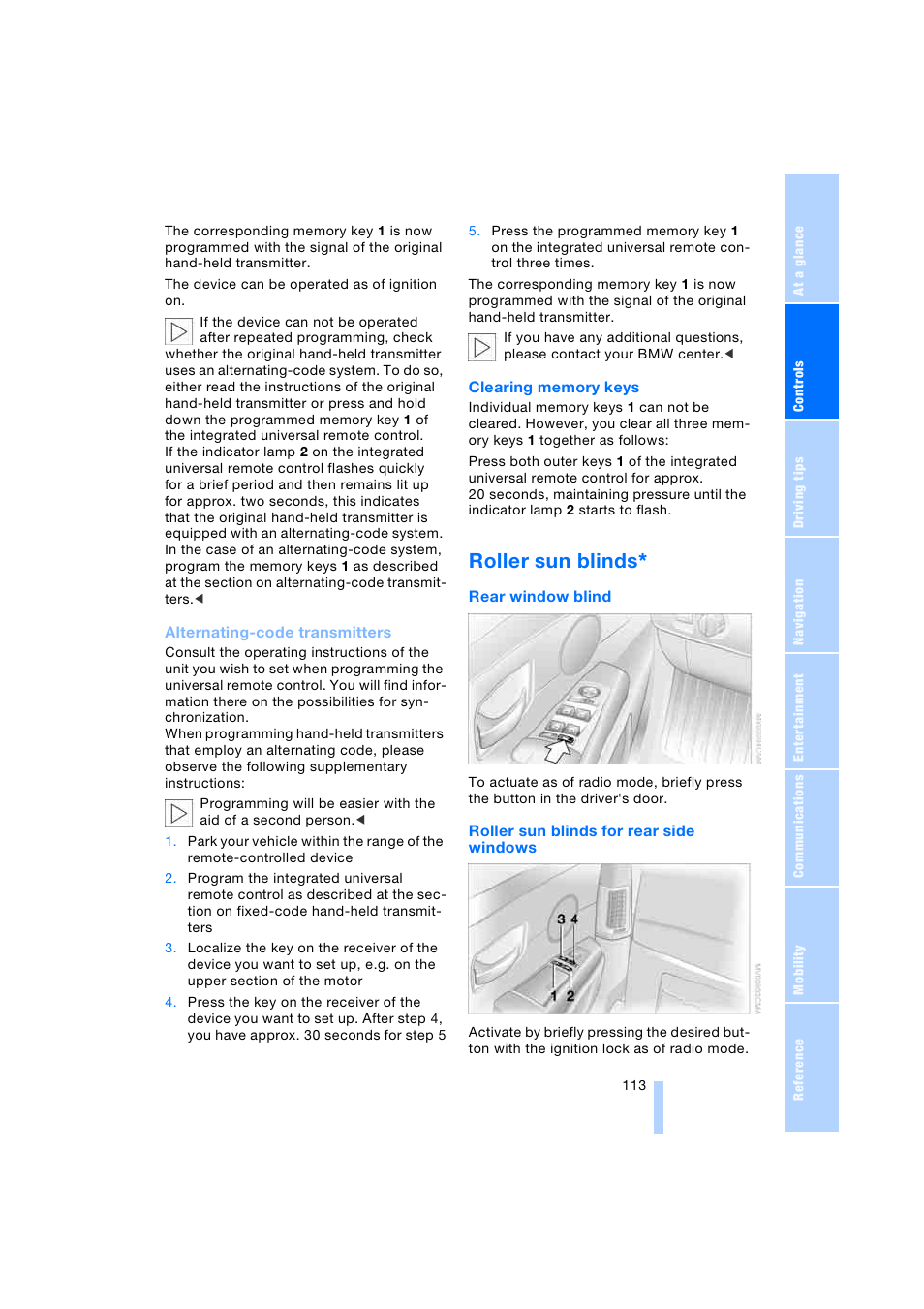 Roller sun blinds | BMW 745i Sedan 2005 User Manual | Page 115 / 239