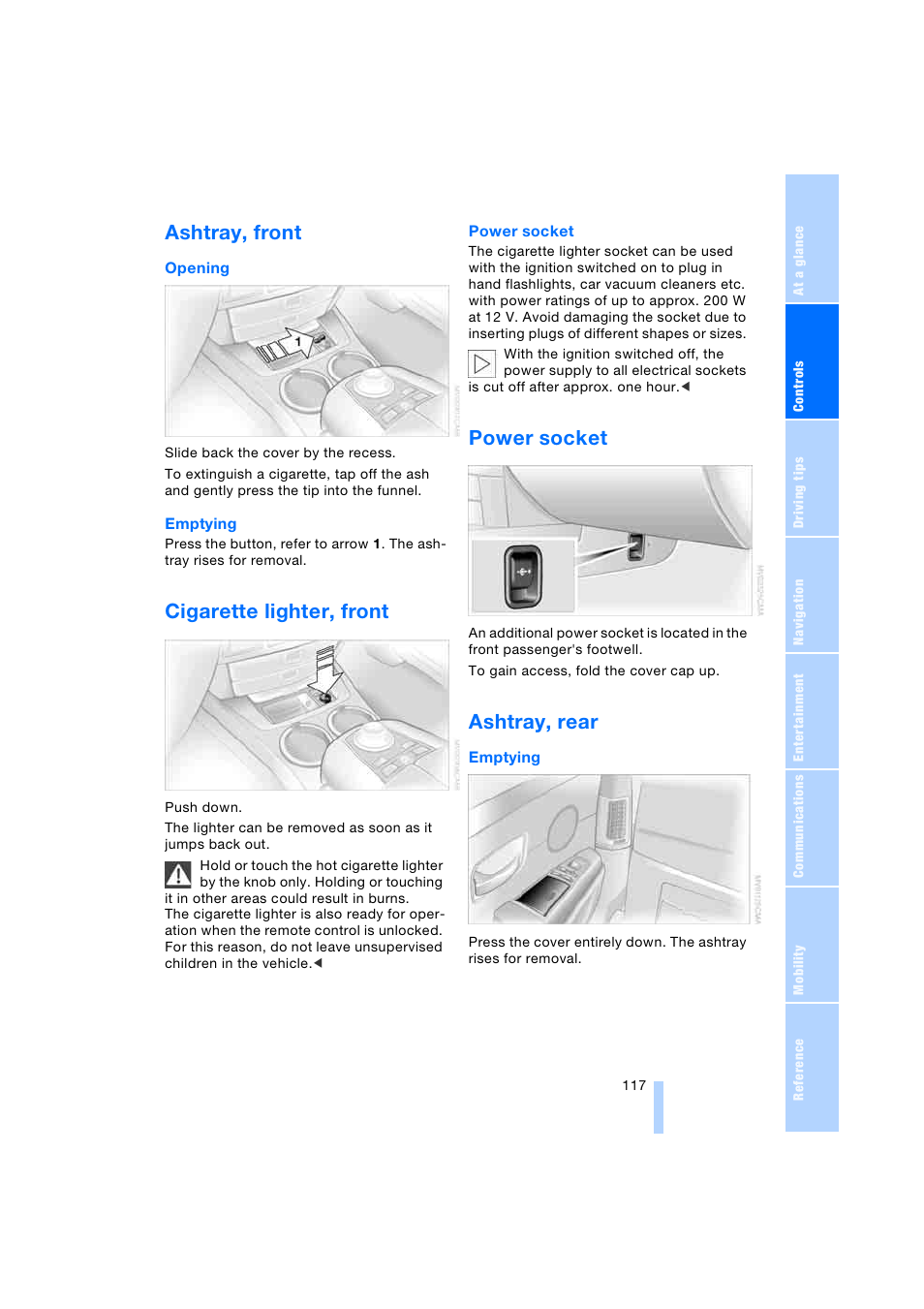 Ashtray, front, Cigarette lighter, front, Power socket | Ashtray, rear | BMW 745i Sedan 2005 User Manual | Page 119 / 239