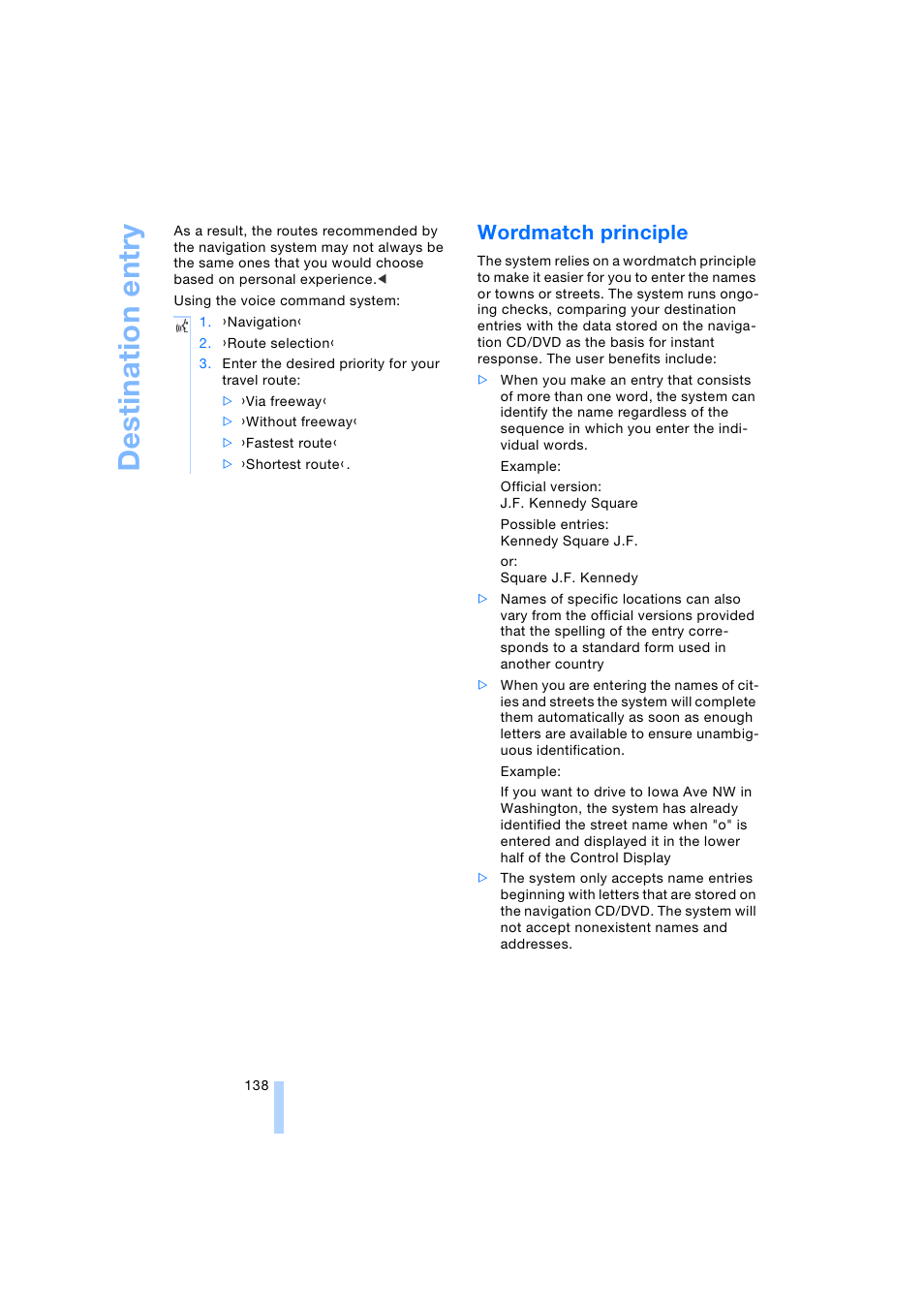 Wordmatch principle, Des tinat io n ent ry | BMW 745i Sedan 2005 User Manual | Page 140 / 239