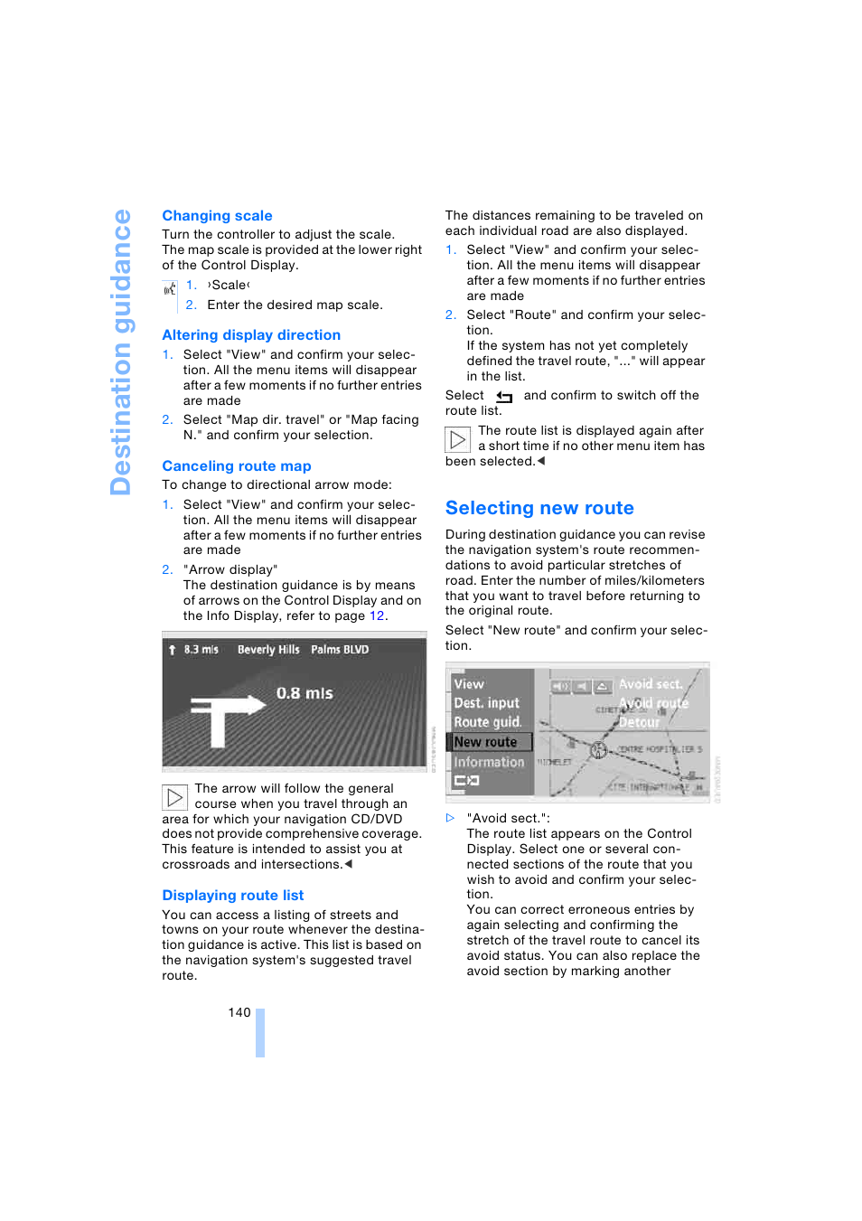 Selecting new route, Des tinat io n guid anc e | BMW 745i Sedan 2005 User Manual | Page 142 / 239